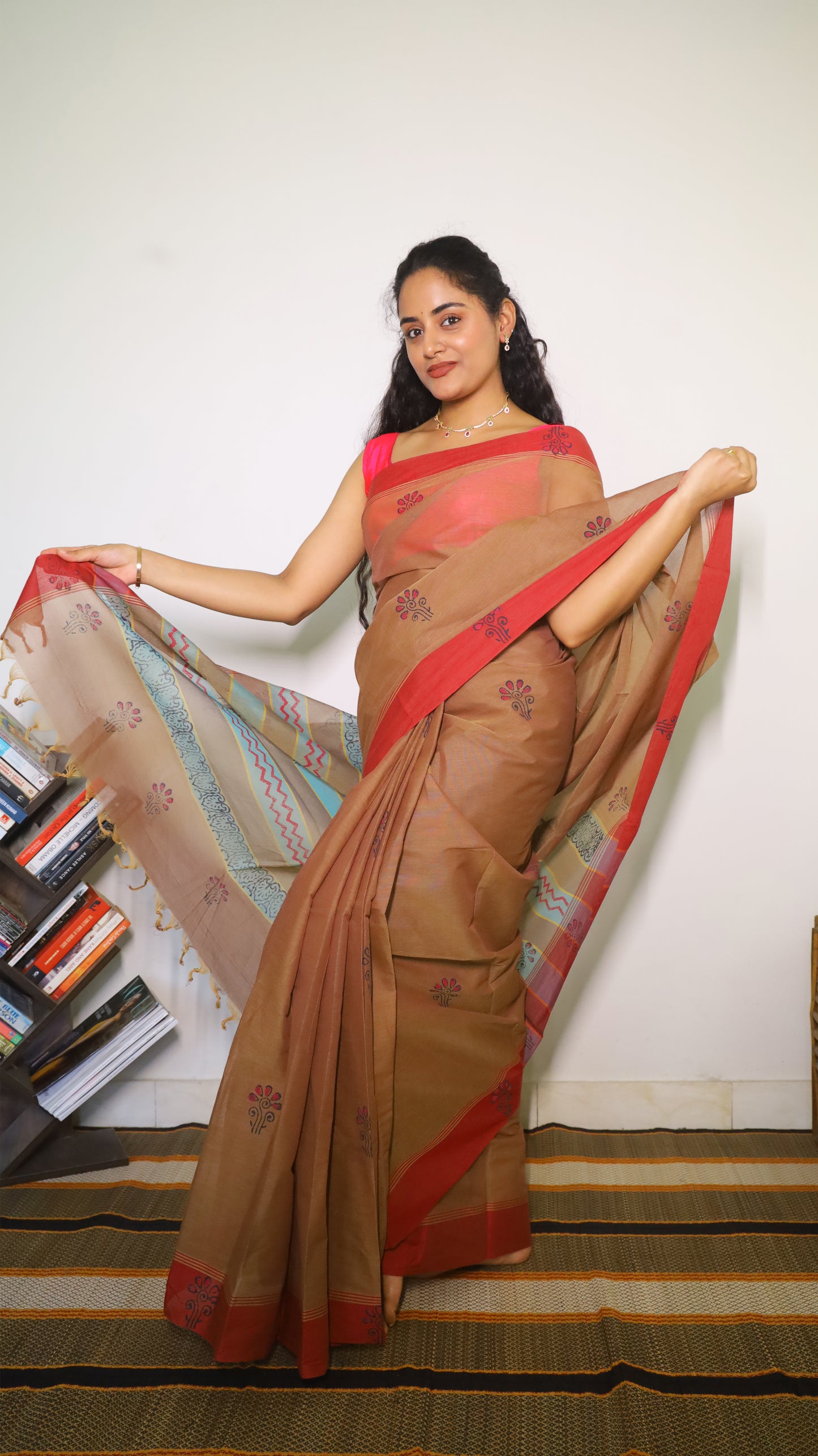 Graceful brown cotton block print saree with delicate floral buttas - BOOMIKA