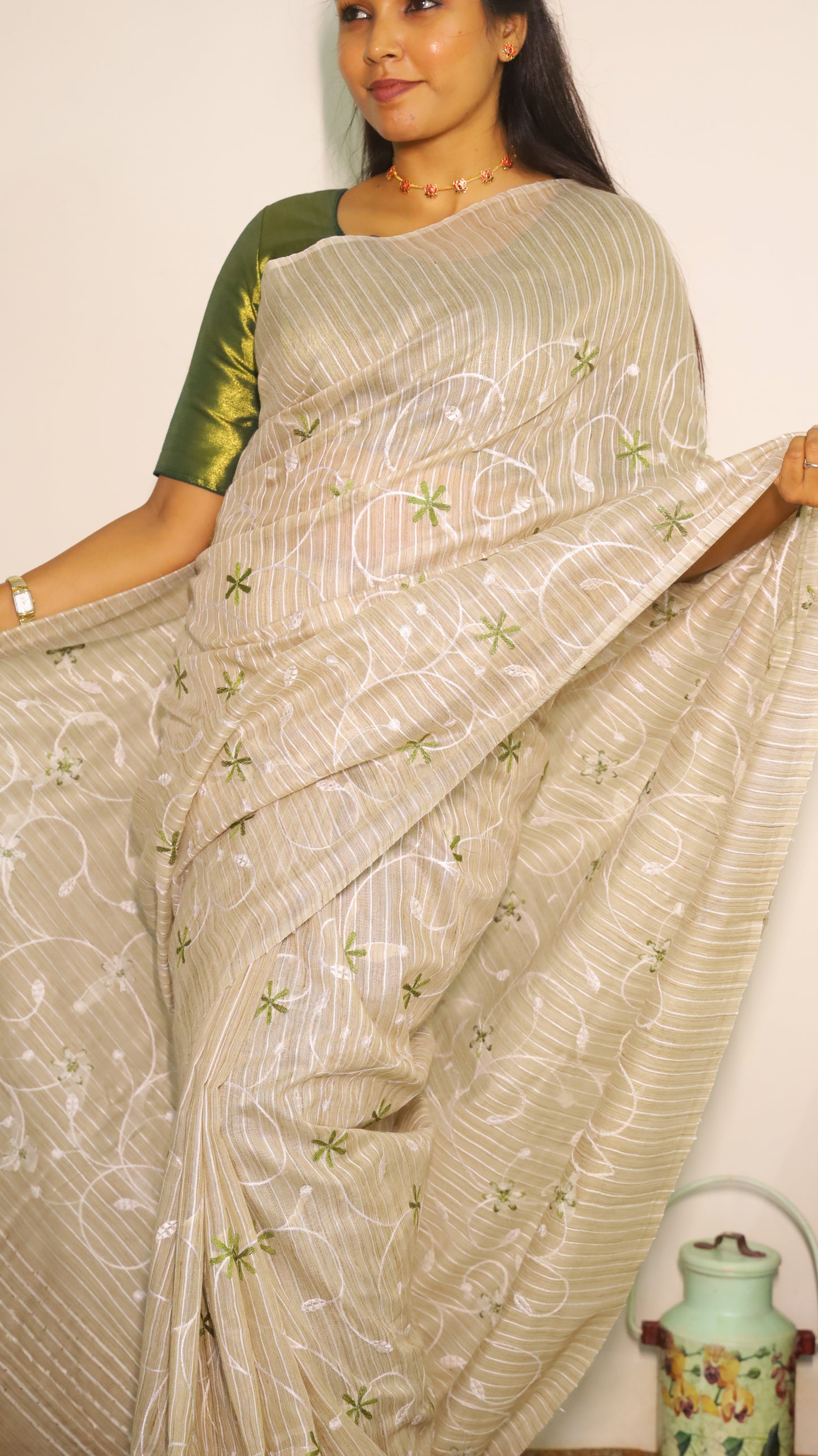 Everyday comfort jute khadi silk cotton in peach colour with green and white embroidery - VEDHIKA