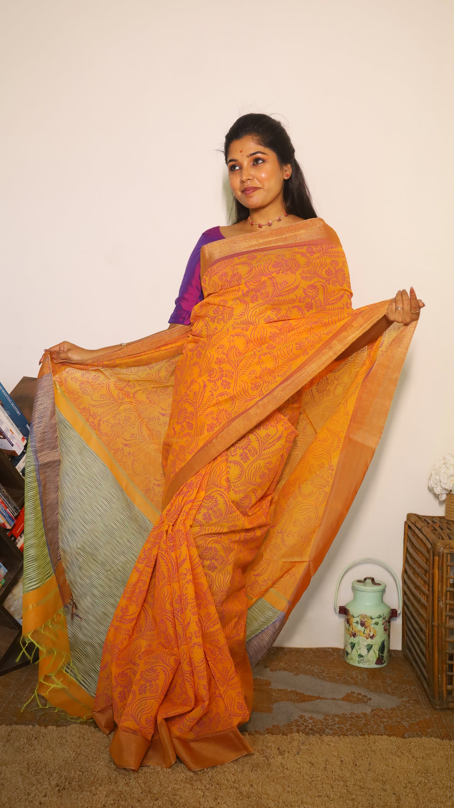 Vibrant cotton saree with an all-over orange mix block print - BOOMIKA