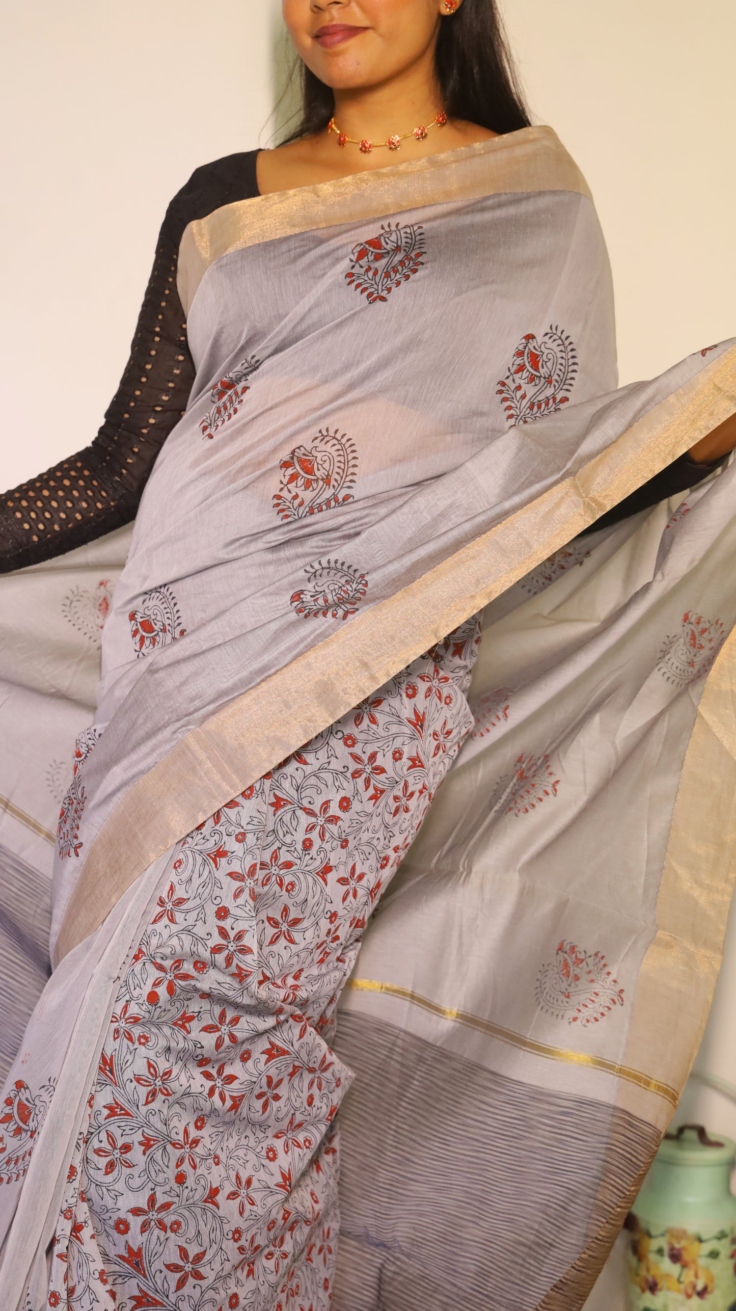Breathable cotton block prints saree in white with rose gold zari border - BOOMIKA