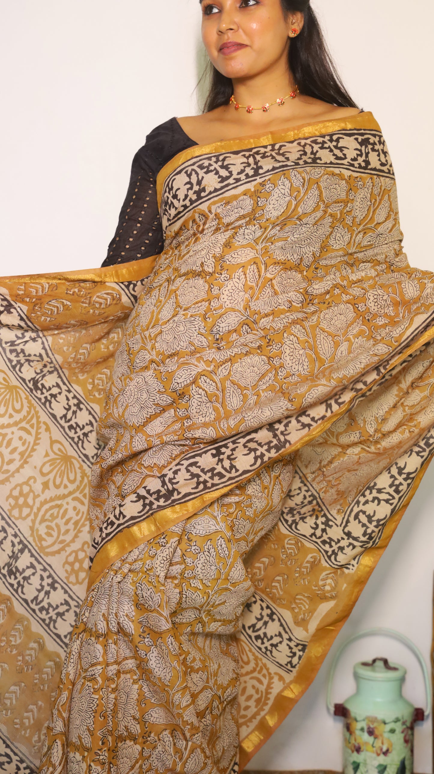 Artistic soft cotton kalamkari saree in mustard prints and handprinted pallu - BOOMIKA