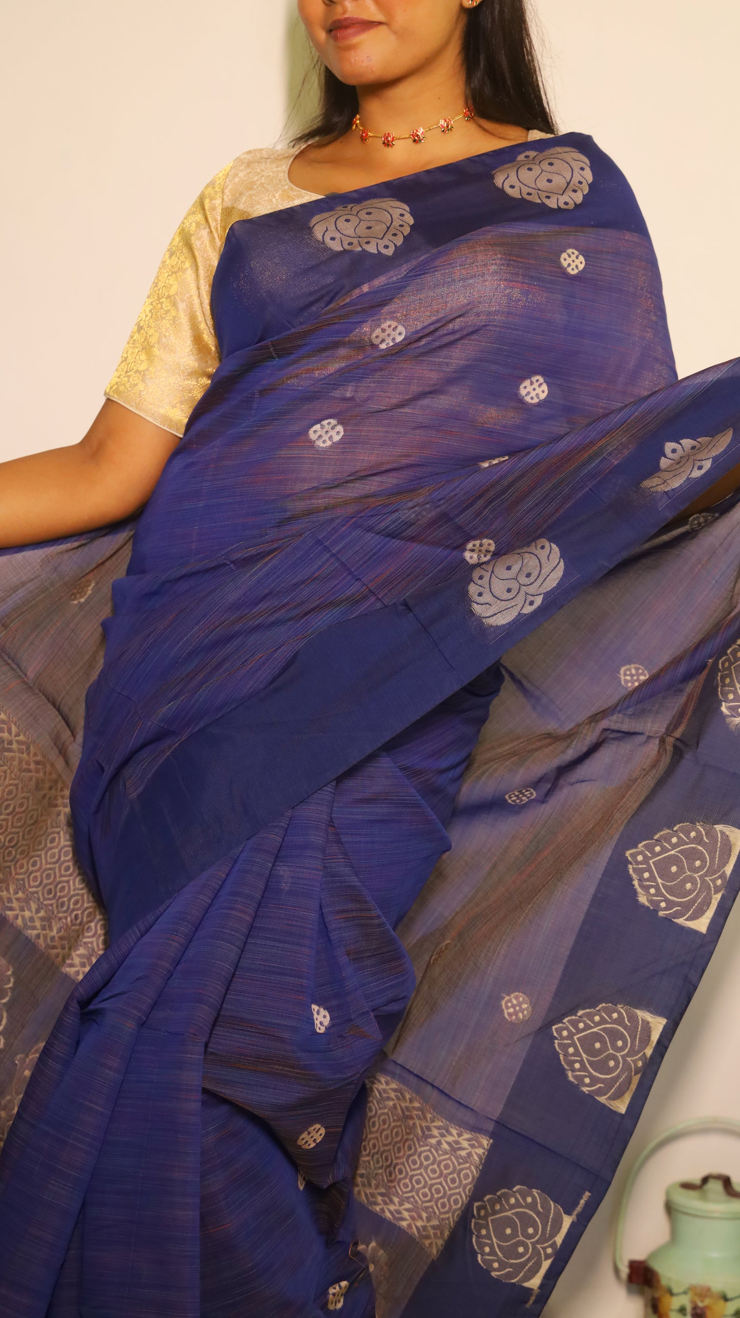 Timeless rich navy blue saree adorned with bold silver floral motifs - BOOMIKA