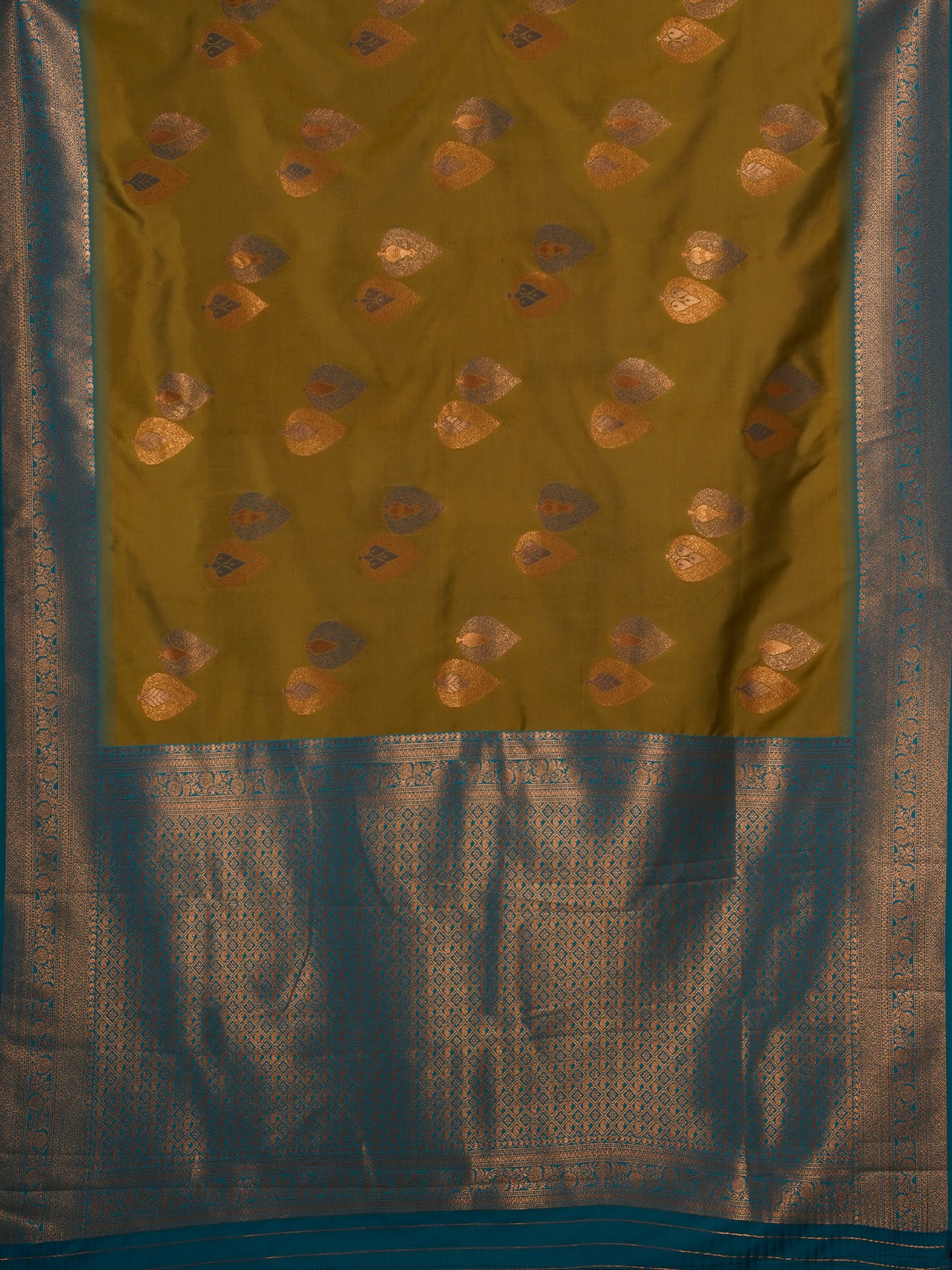 Finest chutney green saree with gold and silver motifs and a turquoise blue border - AVANTHIKA