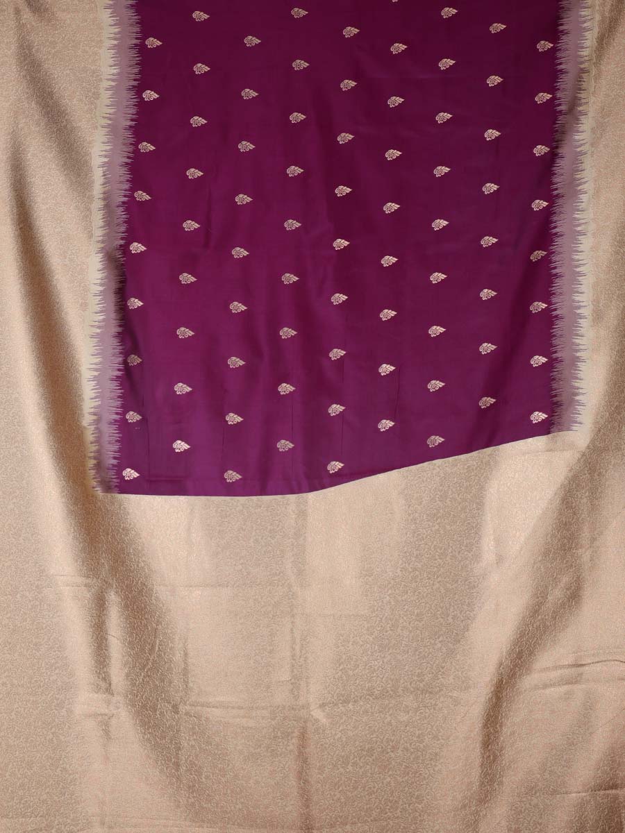 Graceful Soft Silk Saree in a rich maroonish wine body with gold zari border and delicate buttas - AVANTHIKA
