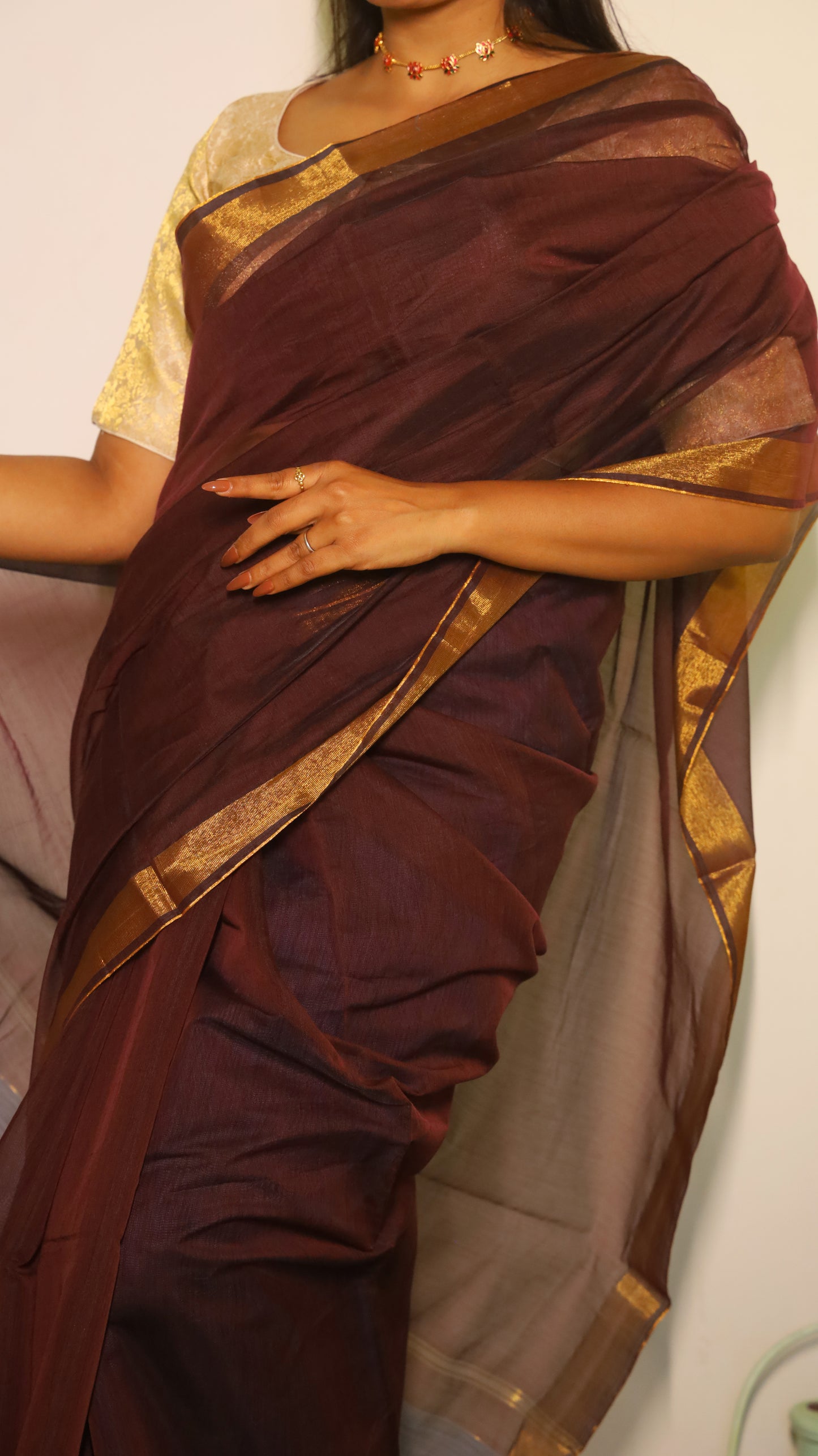 Exquisite soft silk maroon saree with classic gold zari border - AVANTHIKA