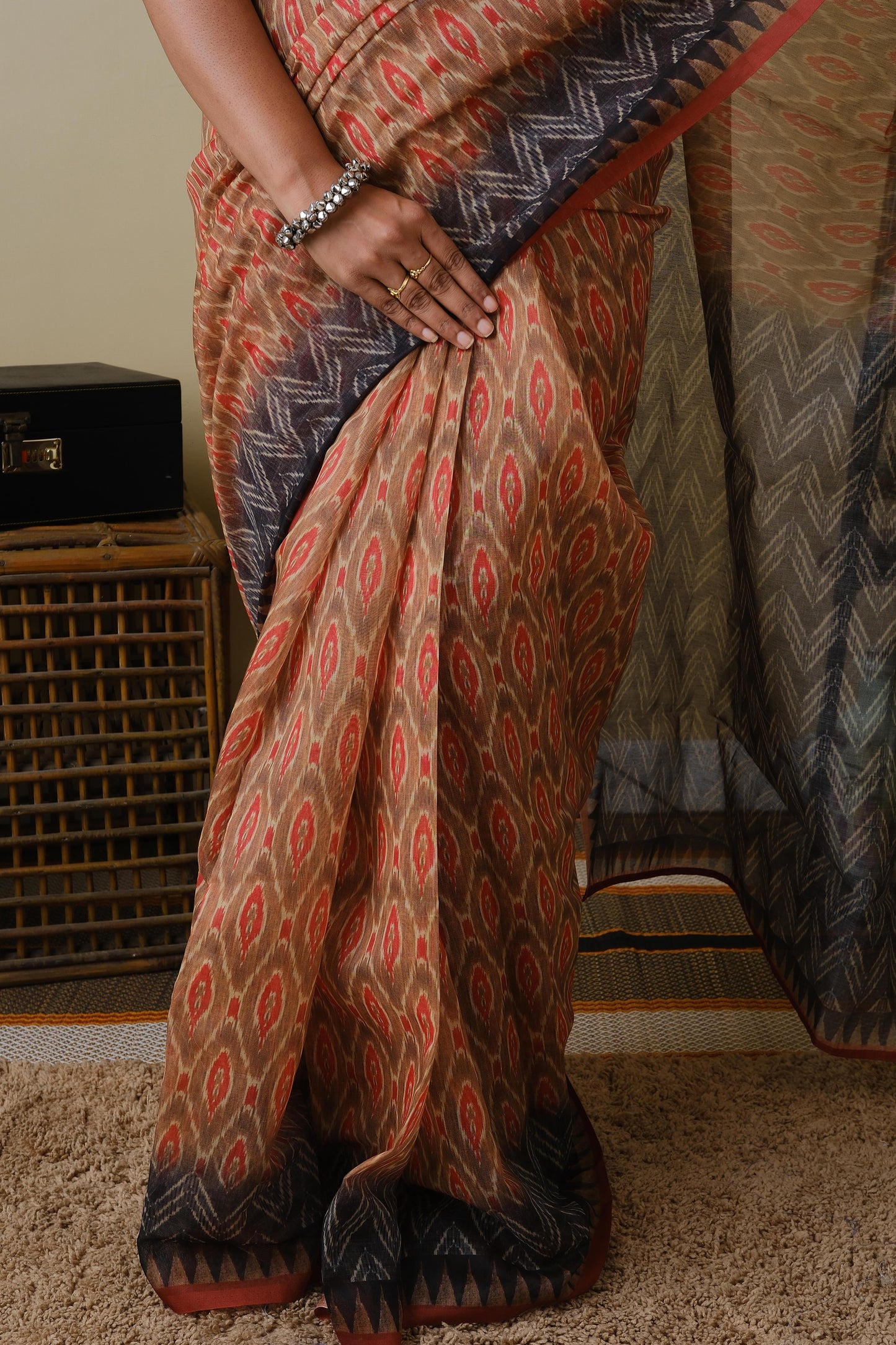 Soft cotton rustic brown tone body with charcoal grey and rust brown temple border - BOOMIKA