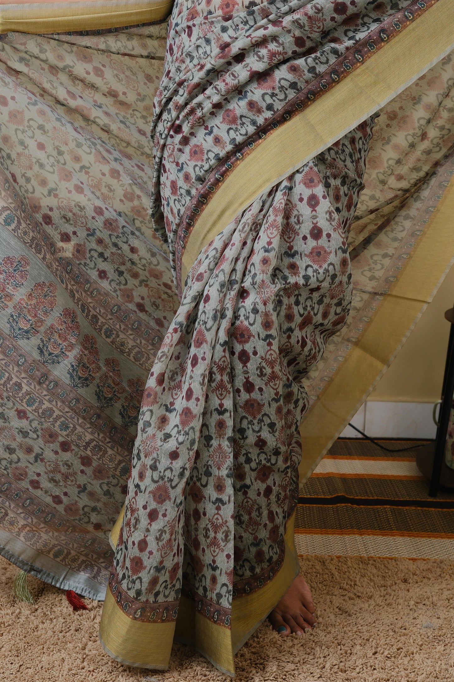 Soft cotton in seige green with all over mughal print and self zari border - BOOMIKA