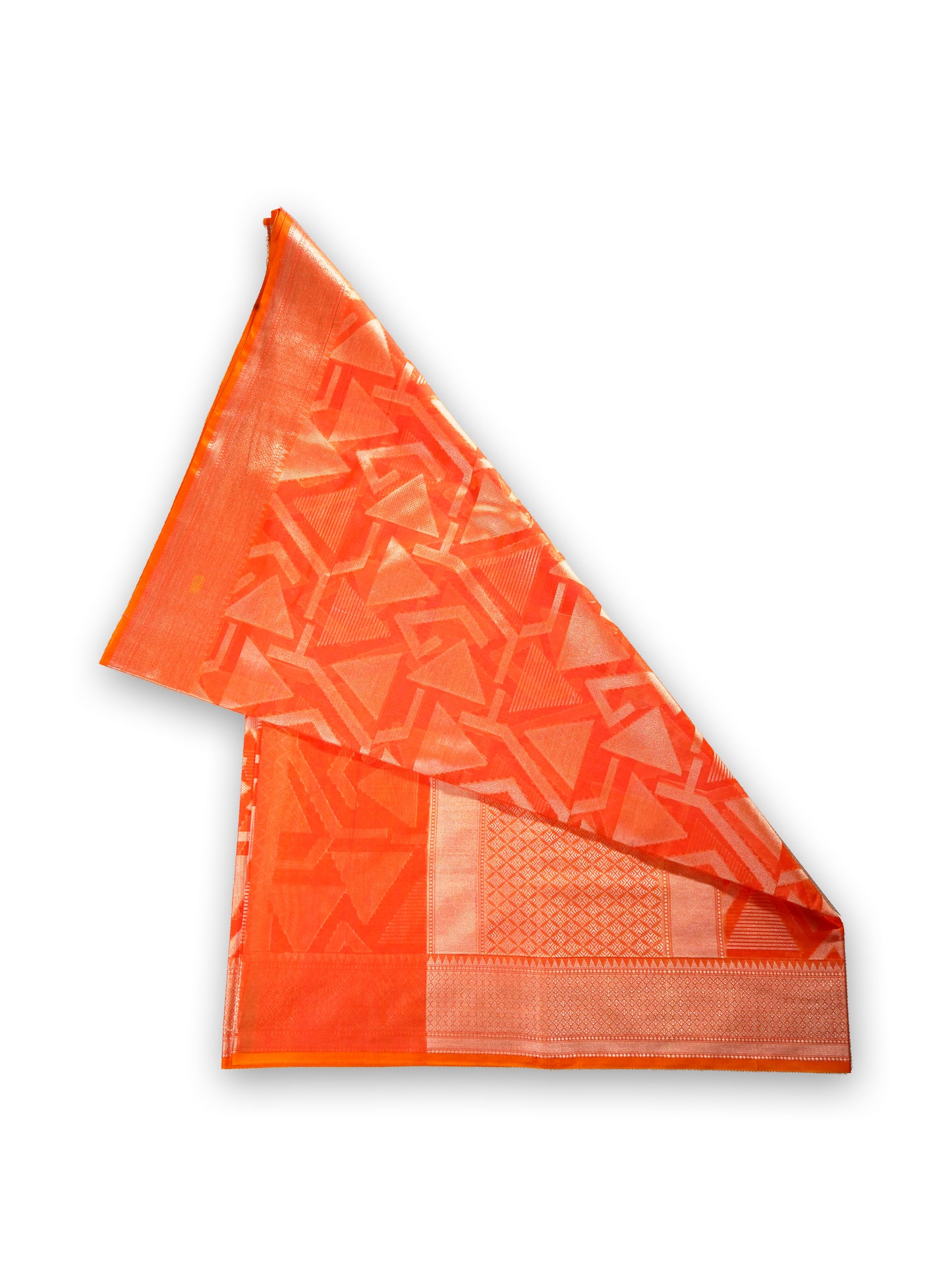 Luxurious Manipuri cotton saree in bright orange and brocade design with gold zari border - BOOMIKA