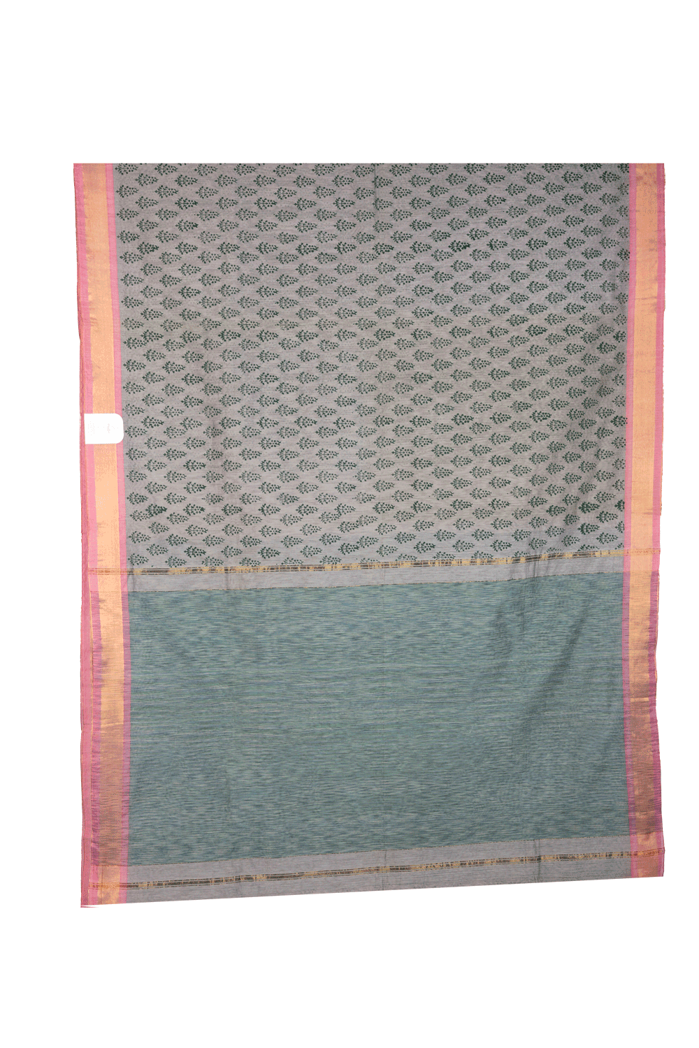 Handprinted manipuri cotton saree patterned with delicate green floral buttas, soft pink border and tasseled edge - BOOMIKA
