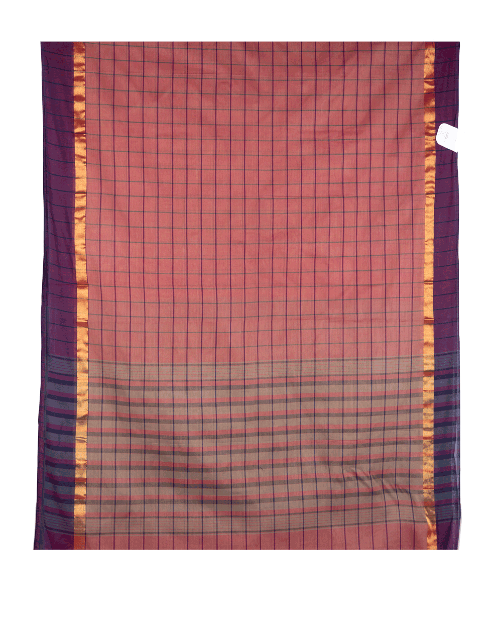 Rich Maroon Manipuri Cotton saree with highlighted check patterns, and golden-pink border - BOOMIKA