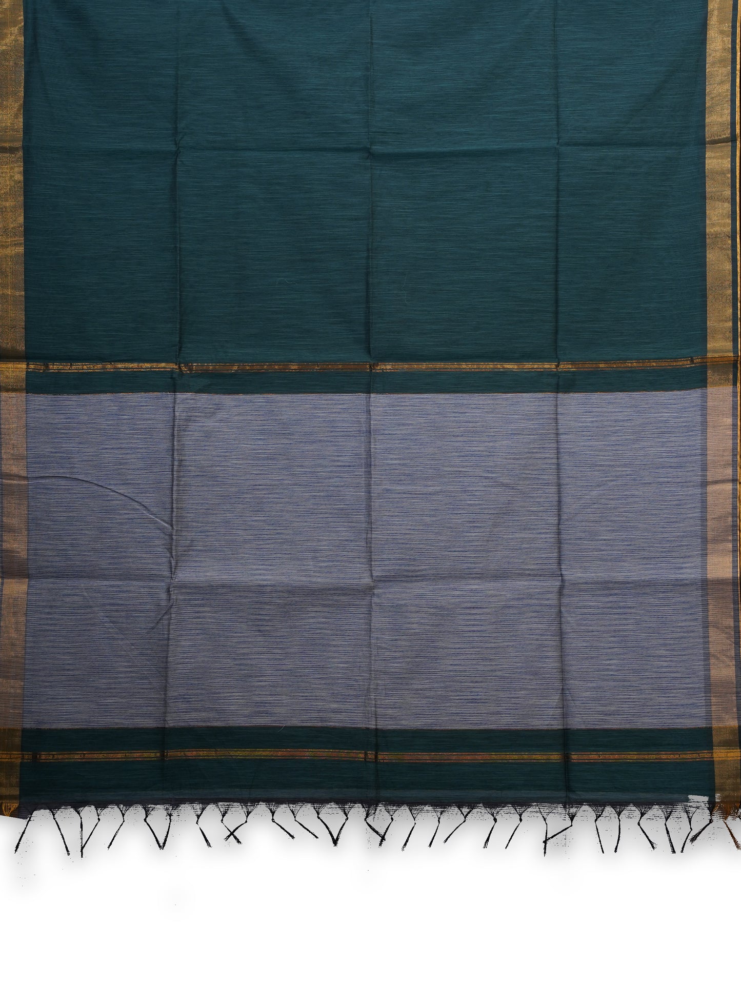 Elegant Mercerized Silk Cotton Saree with a bottle green body and zari border with greyish-blue pallu - AVANTHIKA