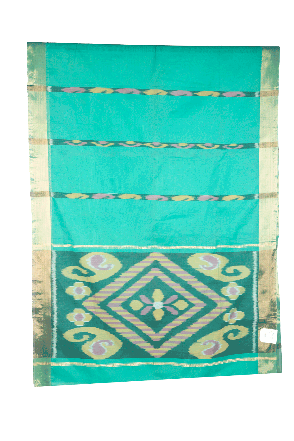 Breathable green silk cotton saree featuring bold Ikat-inspired geometric patterns with tasseled pallu - VEDHIKA