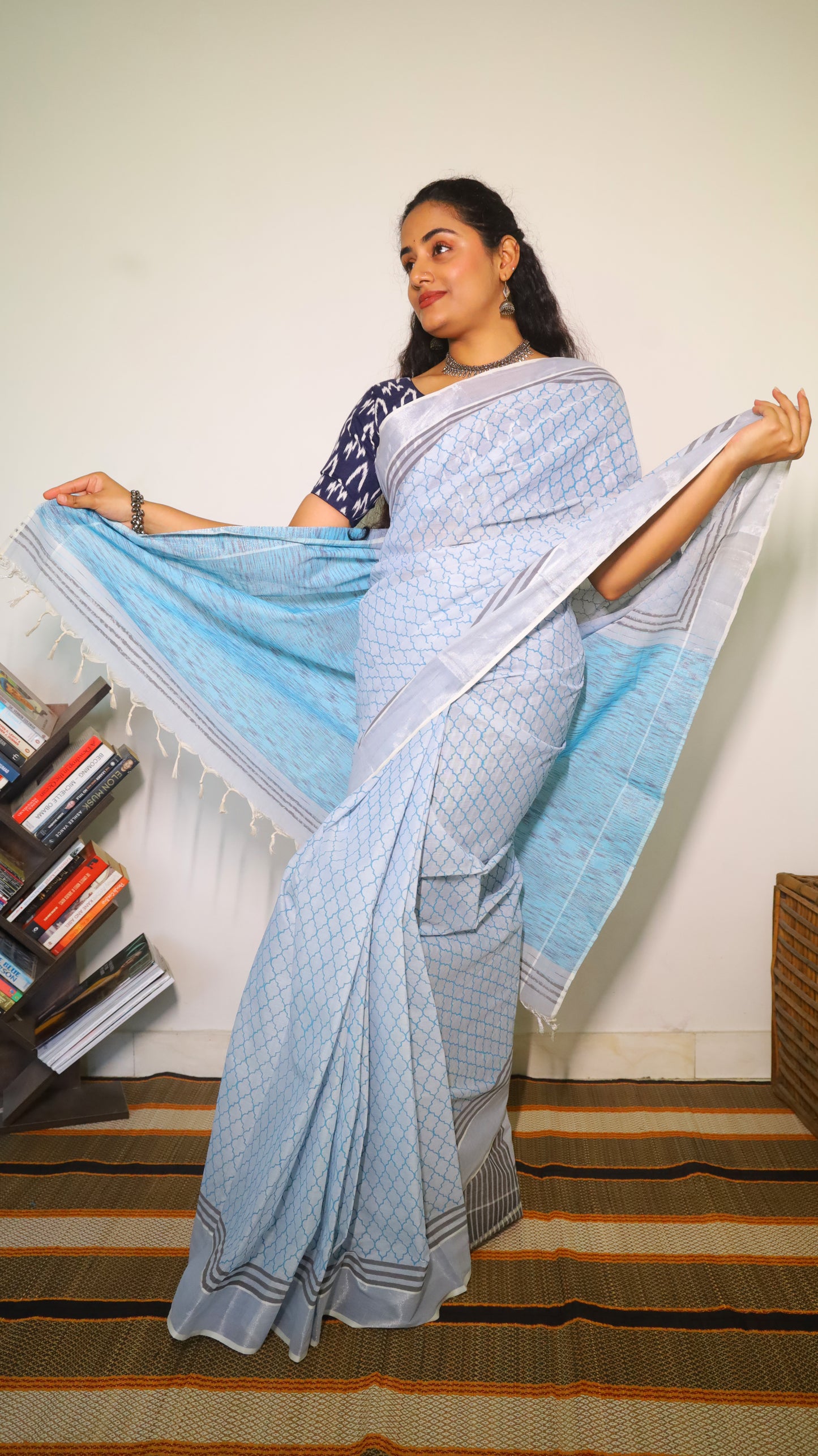 Easy wear light blue cotton block print saree with striped pallu and silver border - BOOMIKA