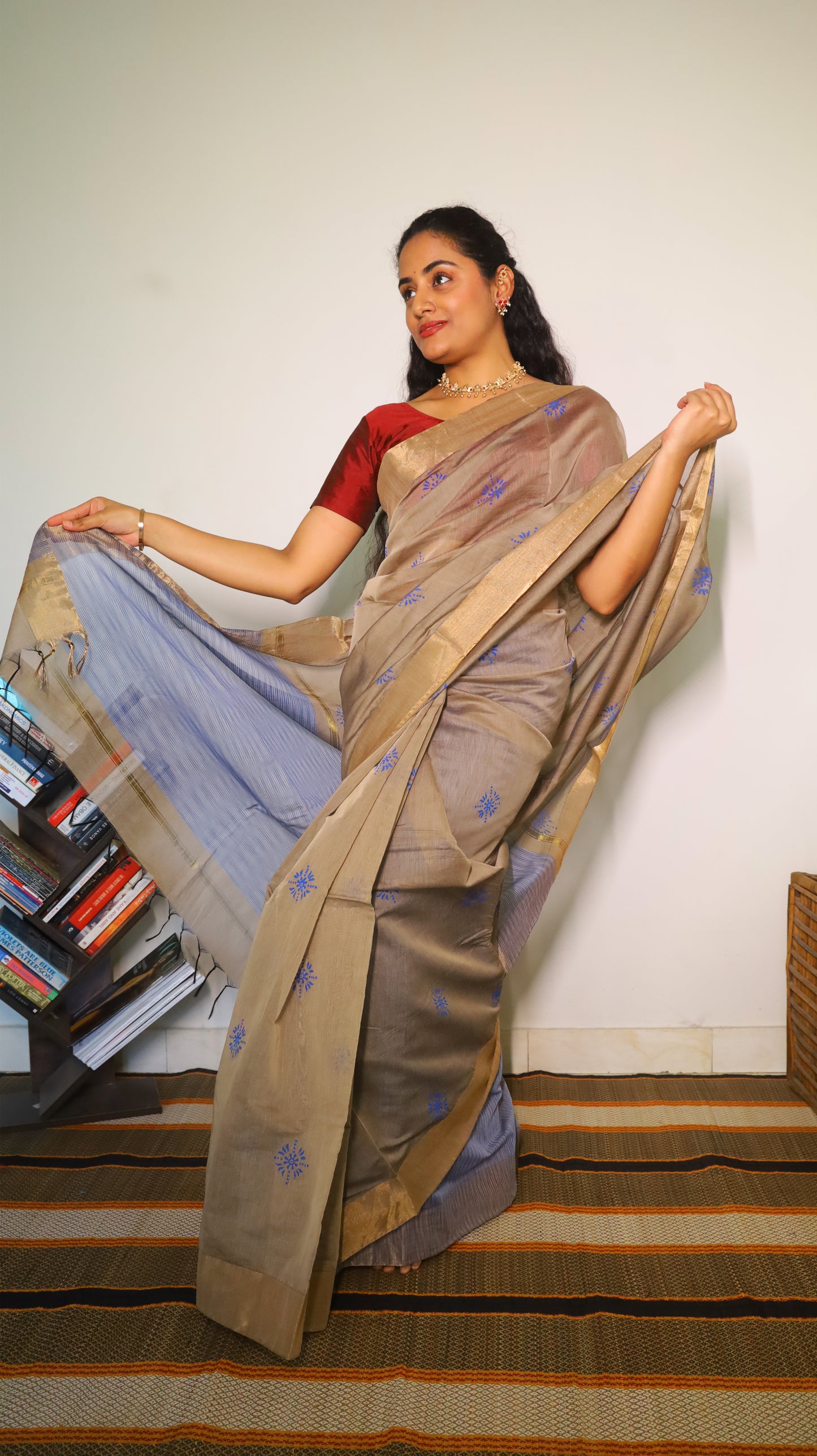 Magnificent grey cotton block print saree with gold zari and blue striped pallu - BOOMIKA