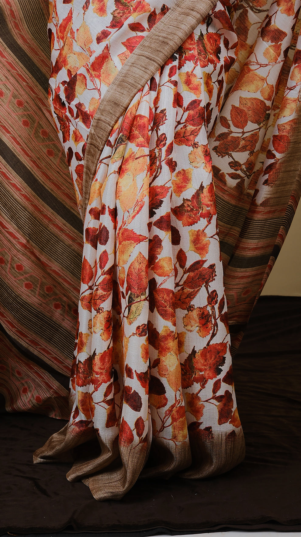 Digital saree in autumn brown with red leaf motif and satin border - AVANTHIKA (20003007)