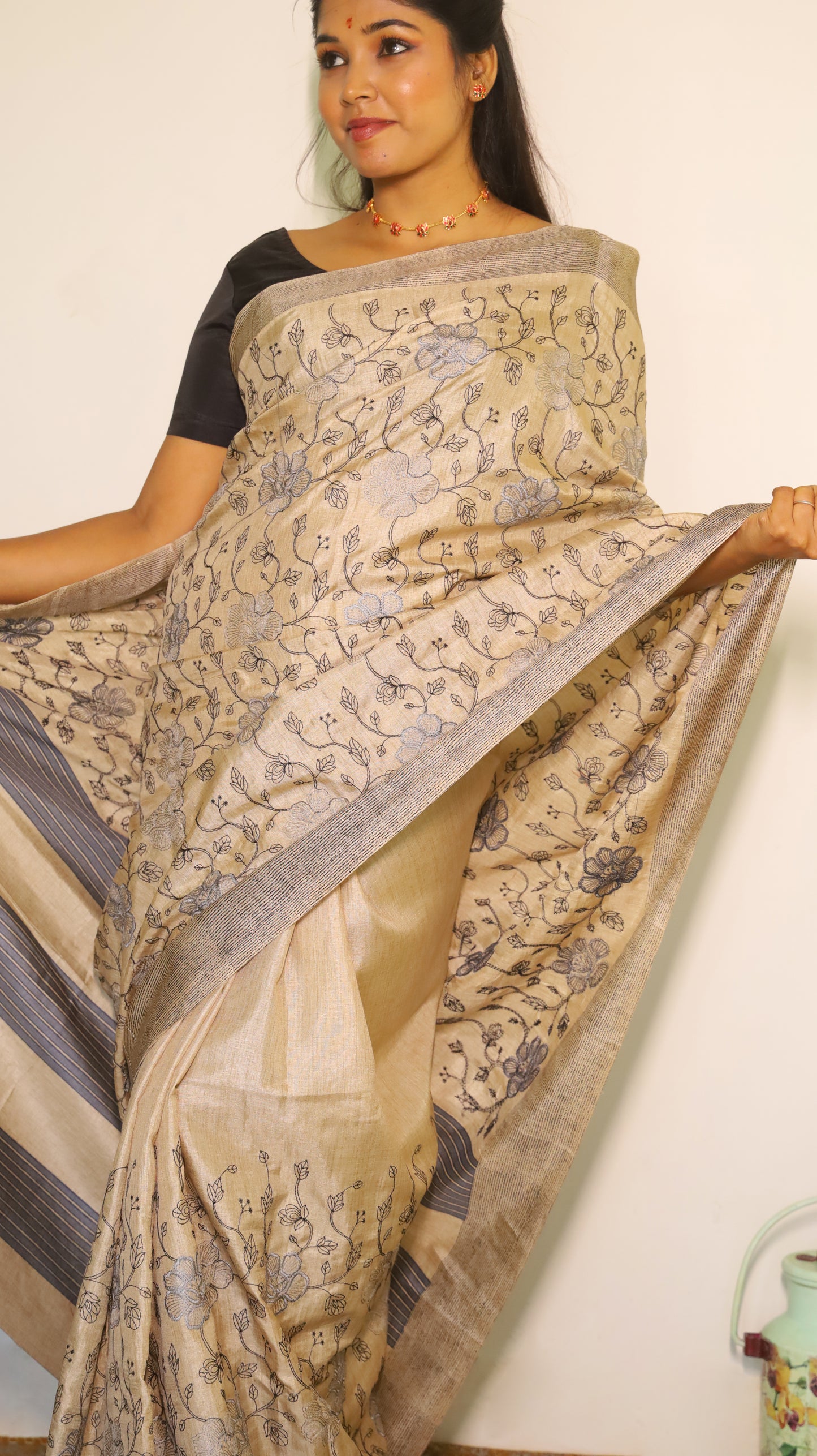 Elegant soft beige designer saree with digital print in delicate grey floral and vine motifs - SHRUTHIKA