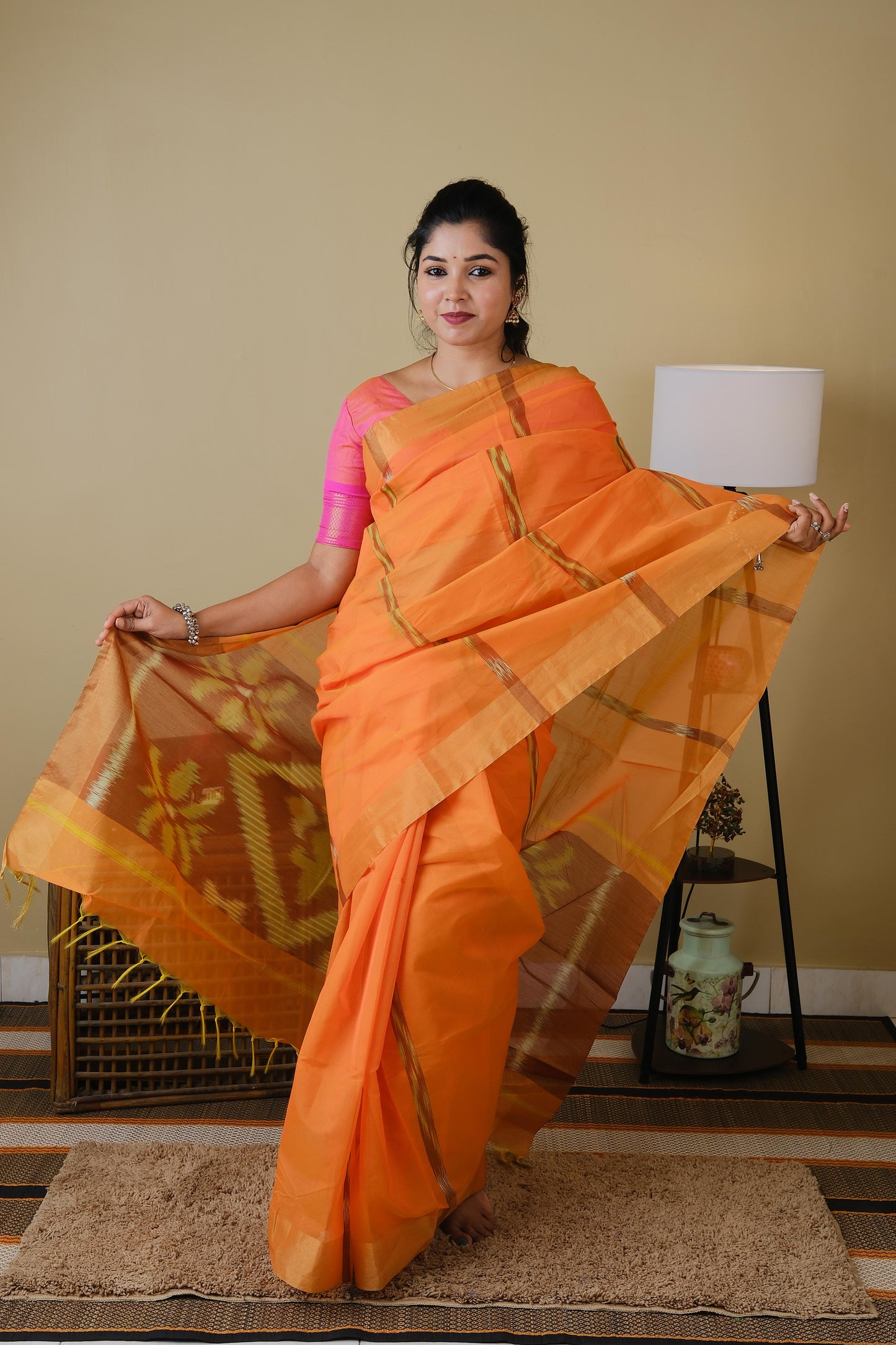 Handloom block print orange cotton saree with ikat style pallu - BOOMIKA