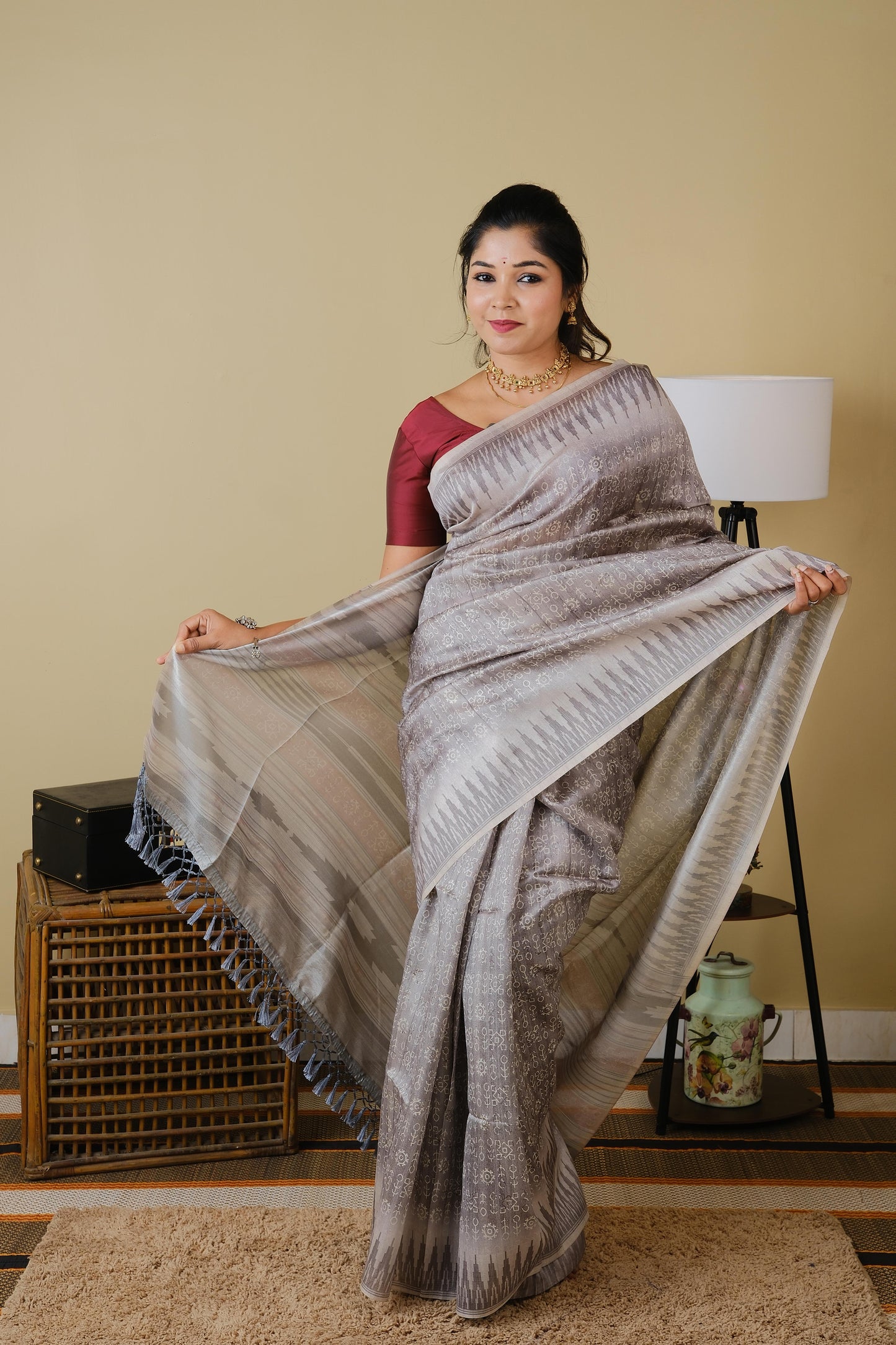 Light grey tribal digital print with ikat border saree - BOOMIKA