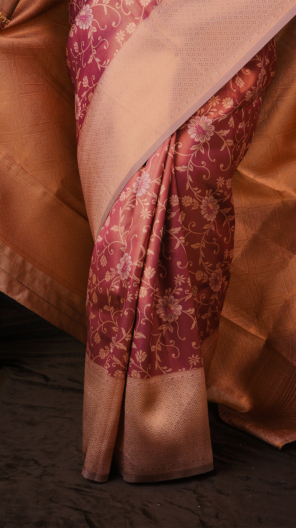 Exquisite Soft Silk in rust brown and rose gold brocade with rose gold contrast double zari border and pallu - AVANTHIKA (20009021)
