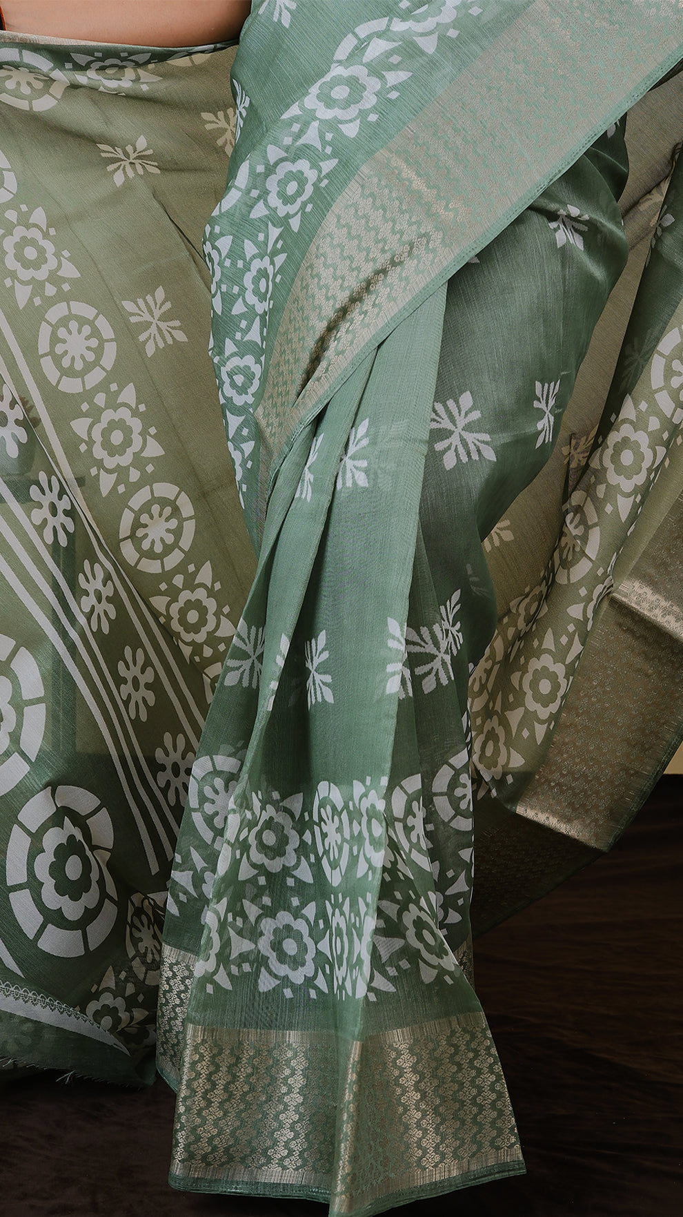Kilimanjaro Cotton in Mint Green with white batik style print in gold zari border - BOOMIKA (30010044)