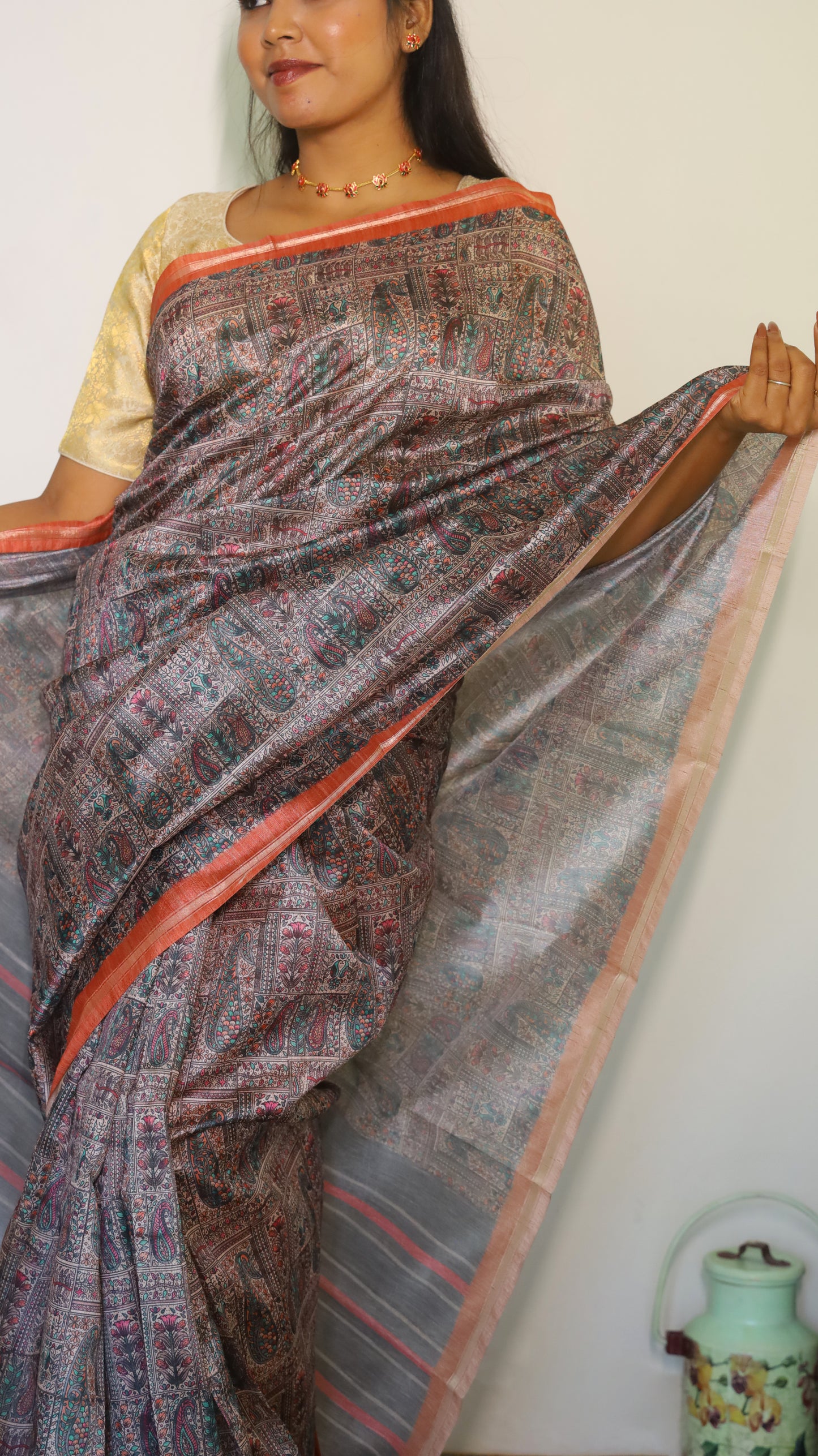 Sophisticated semi tussar designer in charcoal grey saree with a contemporary stripe border - Preethika