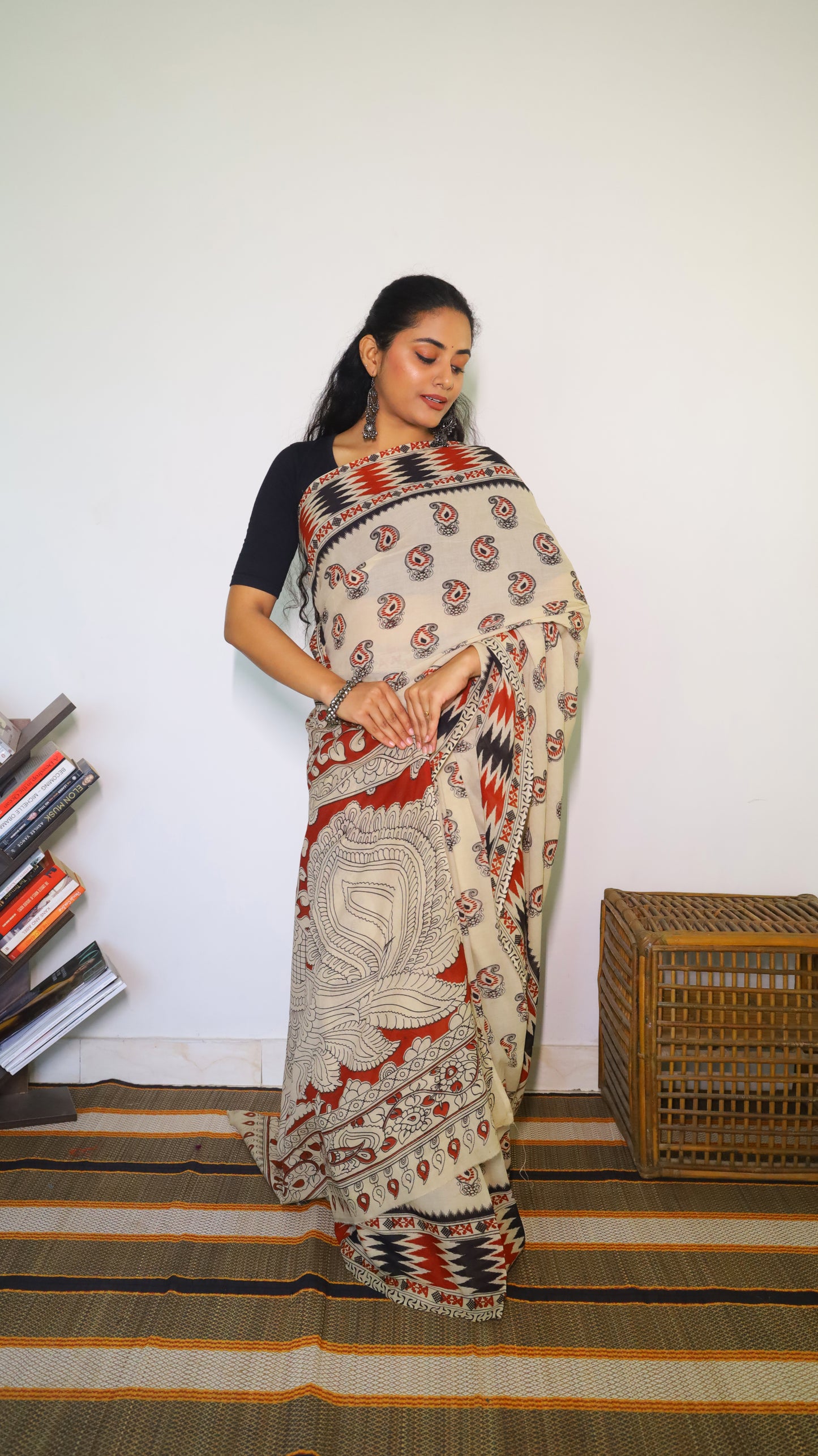Elegant beige base soft cotton Kalamkari saree featuring paisley motifs in maroon and black - BOOMIKA