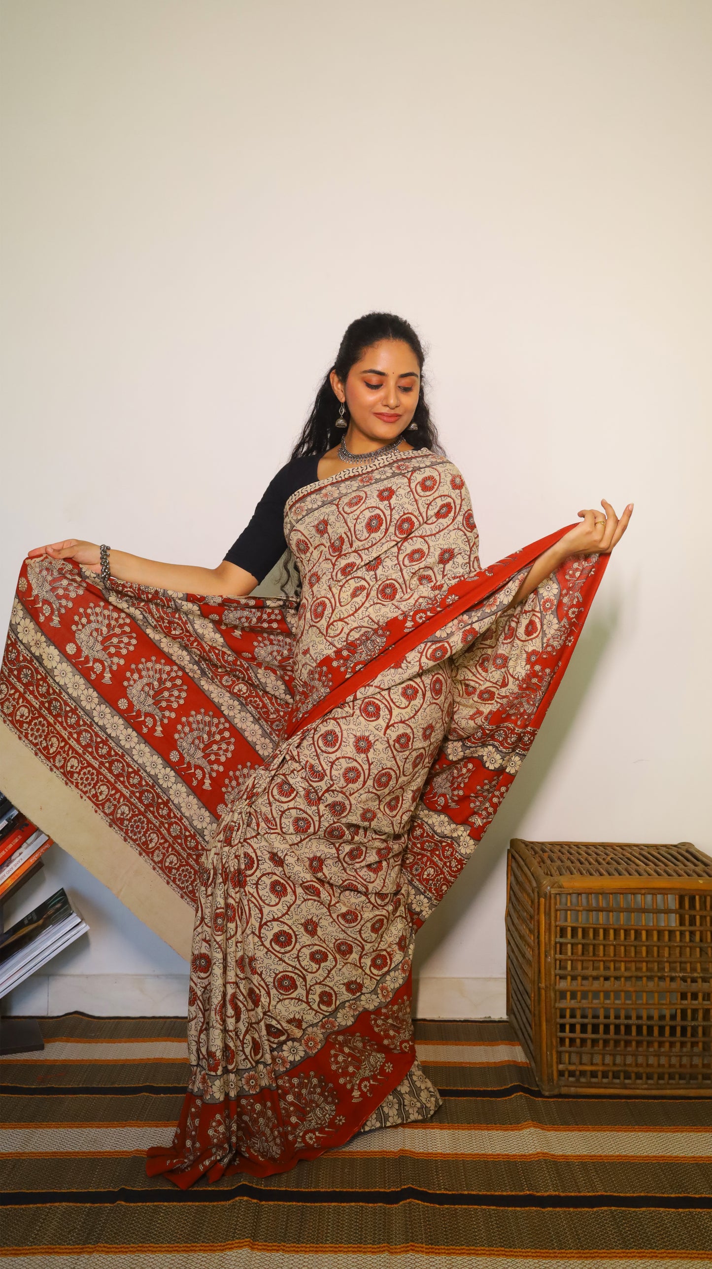 Everyday comfort soft cotton Kalamkari saree featuring artistic red motifs on a beige base - BOOMIKA