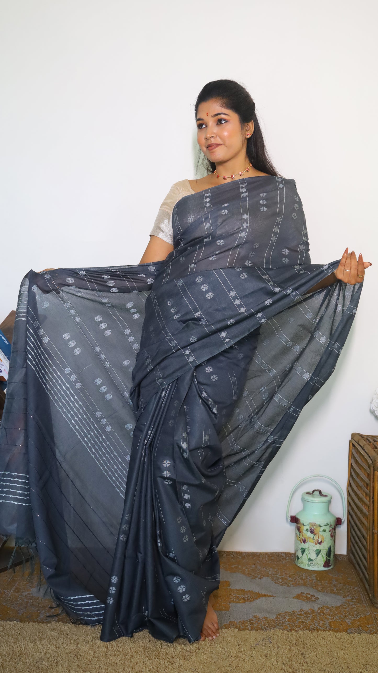 Elegant Semi Tussar Silk Saree in slate grey featuring delicate white embroidery - PREETHIKA