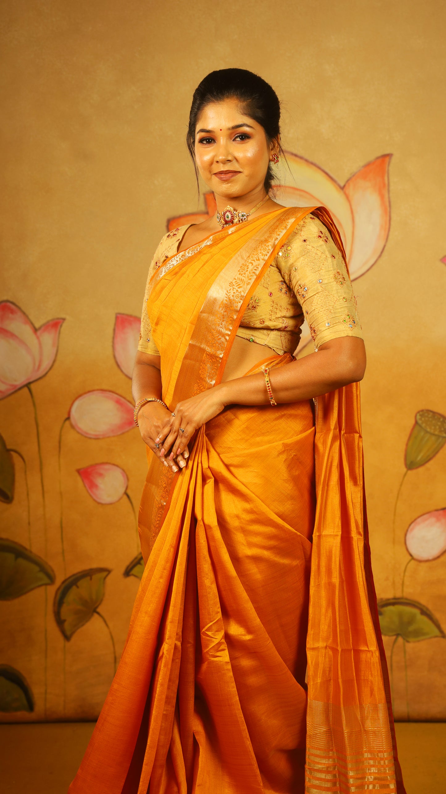 Charming Mustard orange Semi Soft Silk Saree with rich gold zari woven border - AVANTHIKA