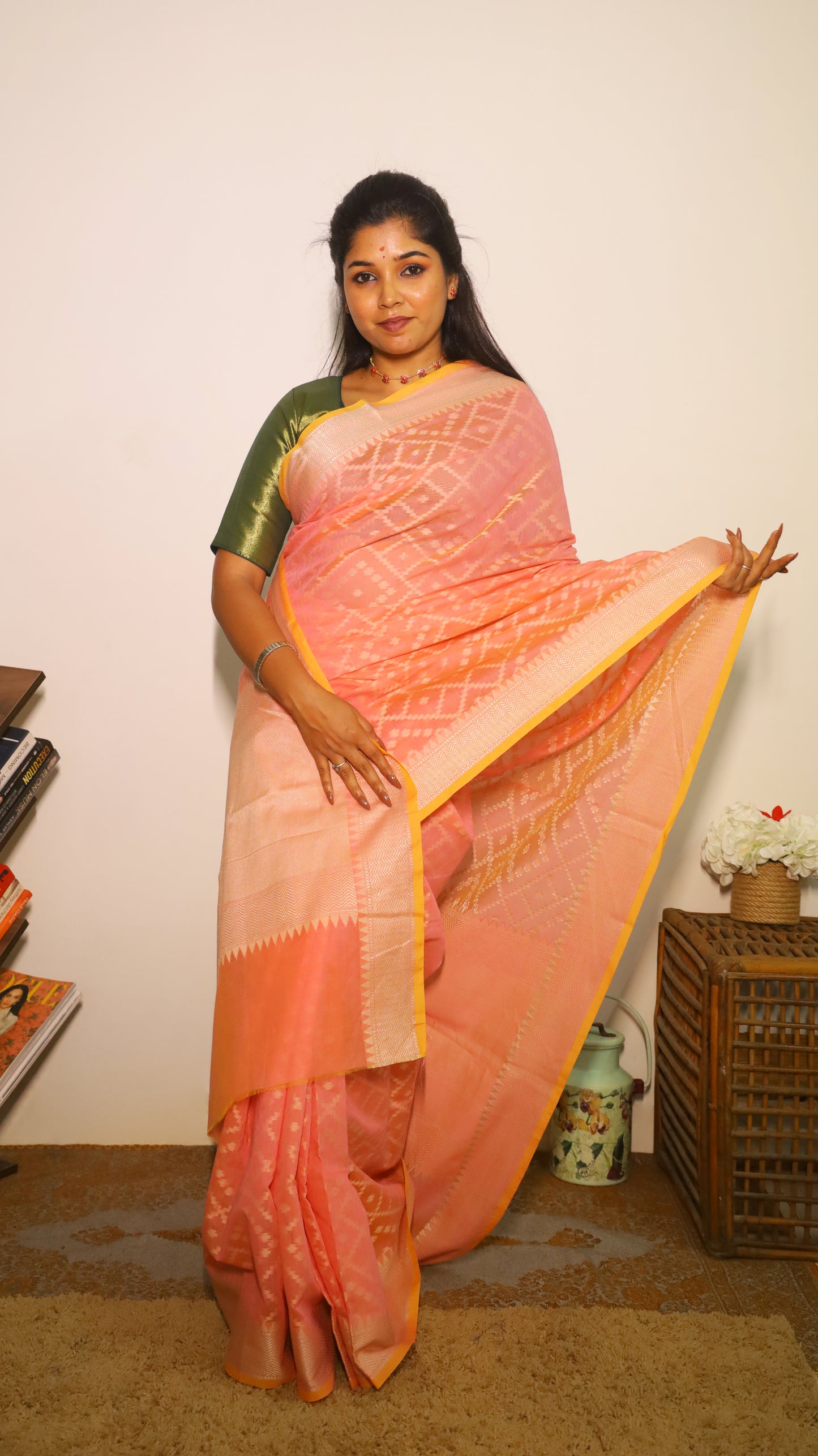 Finest pastel pink Chanderi Silk Cotton saree featuring subtle geometric woven patterns all over with golden border - VEDHIKA