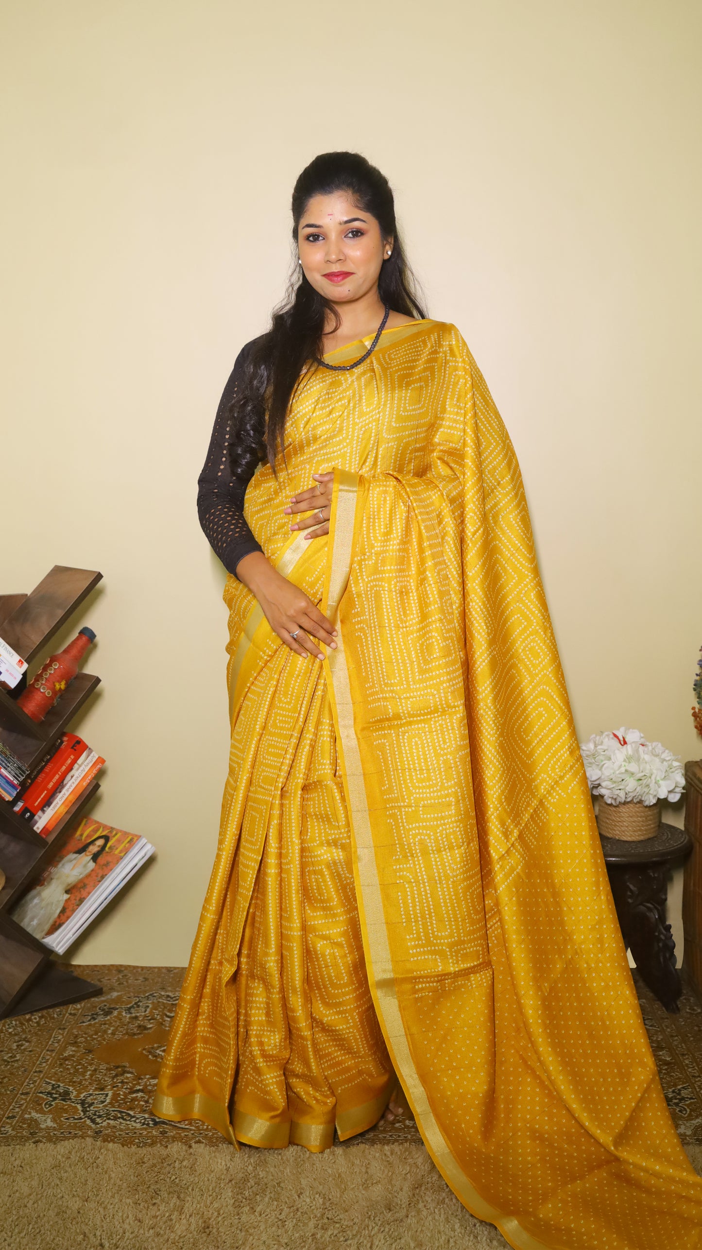 Turmeric gold semi silk saree with its intricate white dotted body, perfect for casual wear - SHRUTHIKA
