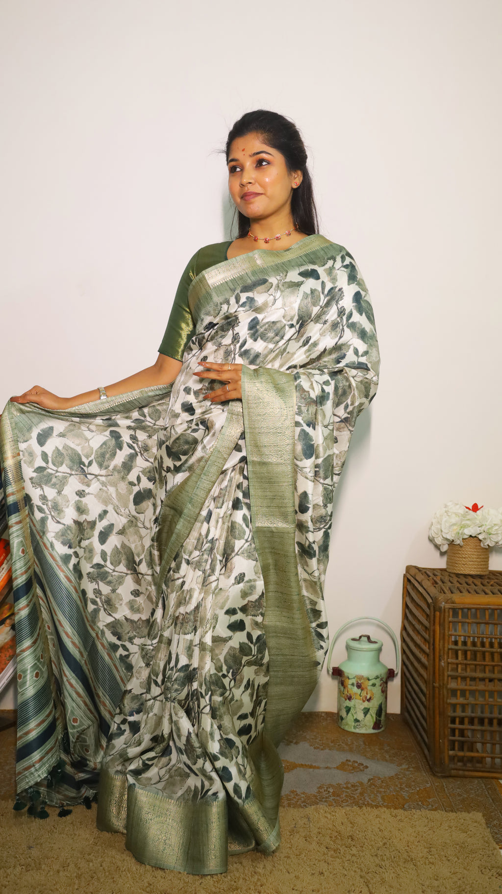 Digital saree in off white and green with leaf motifs and light gold zari border - KRTIHIKA (40012004)