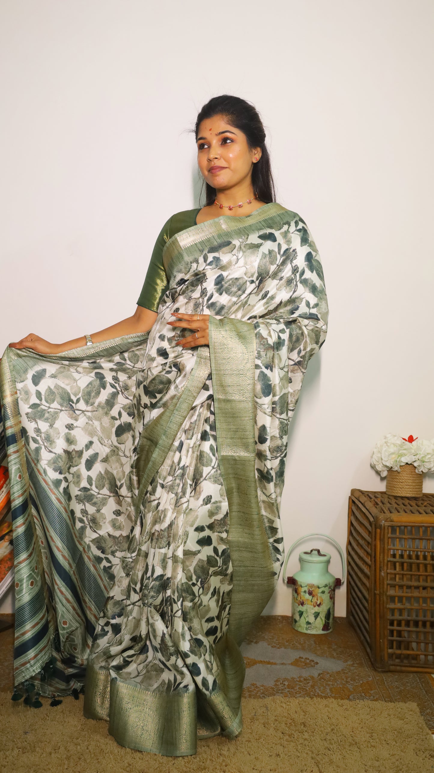 Artisanal monochrome soft cotton silk saree with leaf patterns and green border - AVANTHIKA