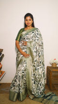 Digital saree in off white and green with leaf motifs and light gold zari border - KRTIHIKA (40012004)