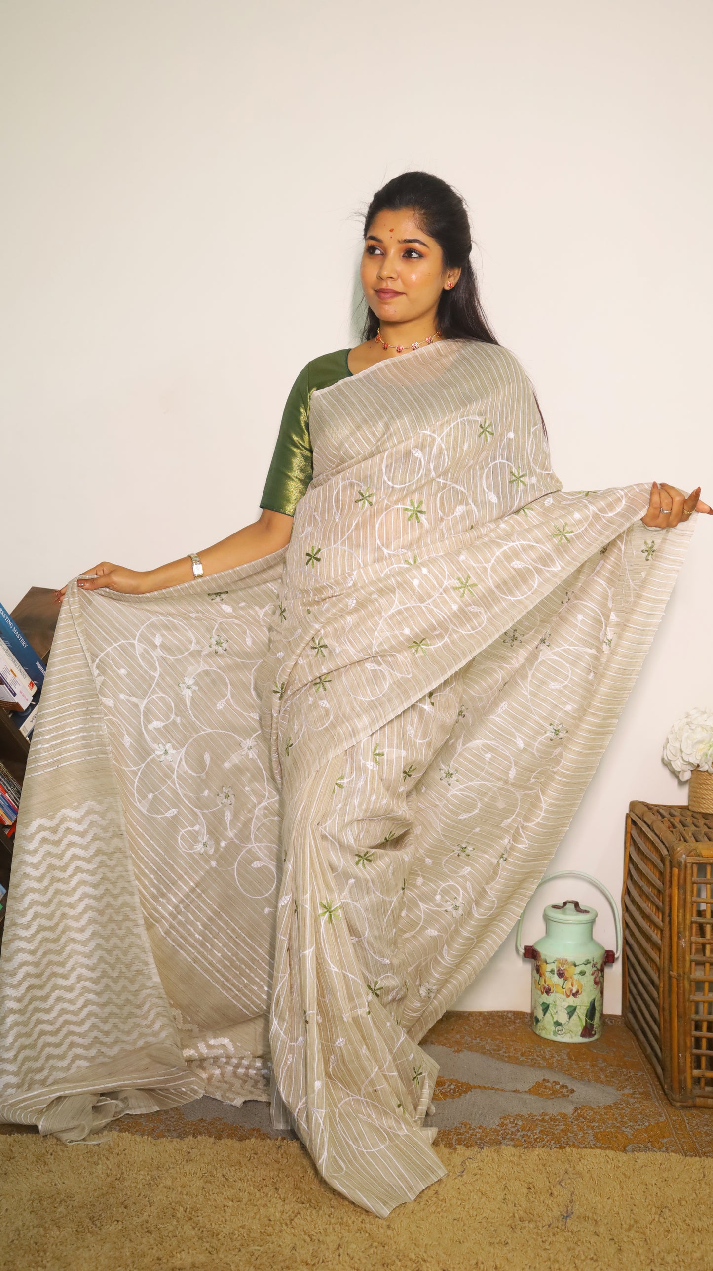 Everyday comfort jute khadi silk cotton in peach colour with green and white embroidery - VEDHIKA