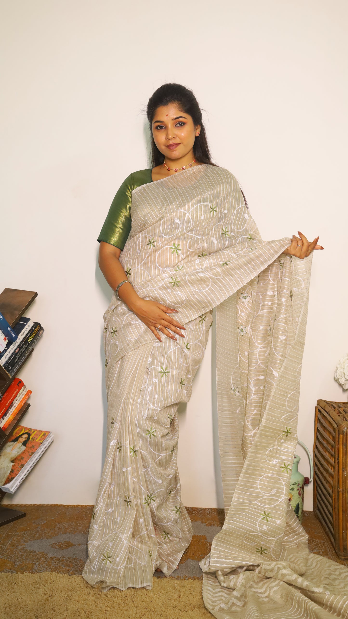 Everyday comfort jute khadi silk cotton in peach colour with green and white embroidery - VEDHIKA