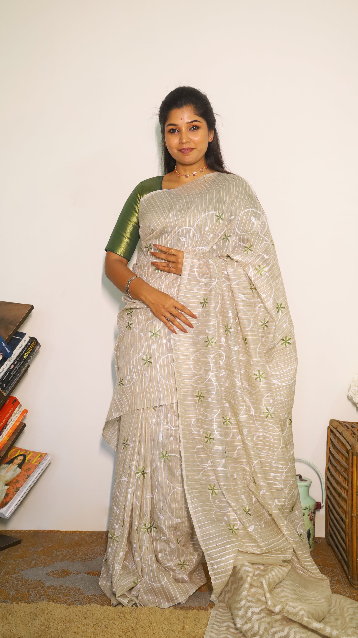 Everyday comfort jute khadi silk cotton in peach colour with green and white embroidery - VEDHIKA