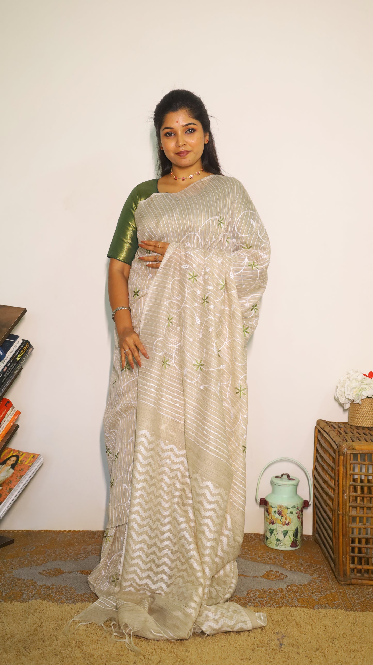 Everyday comfort jute khadi silk cotton in peach colour with green and white embroidery - VEDHIKA