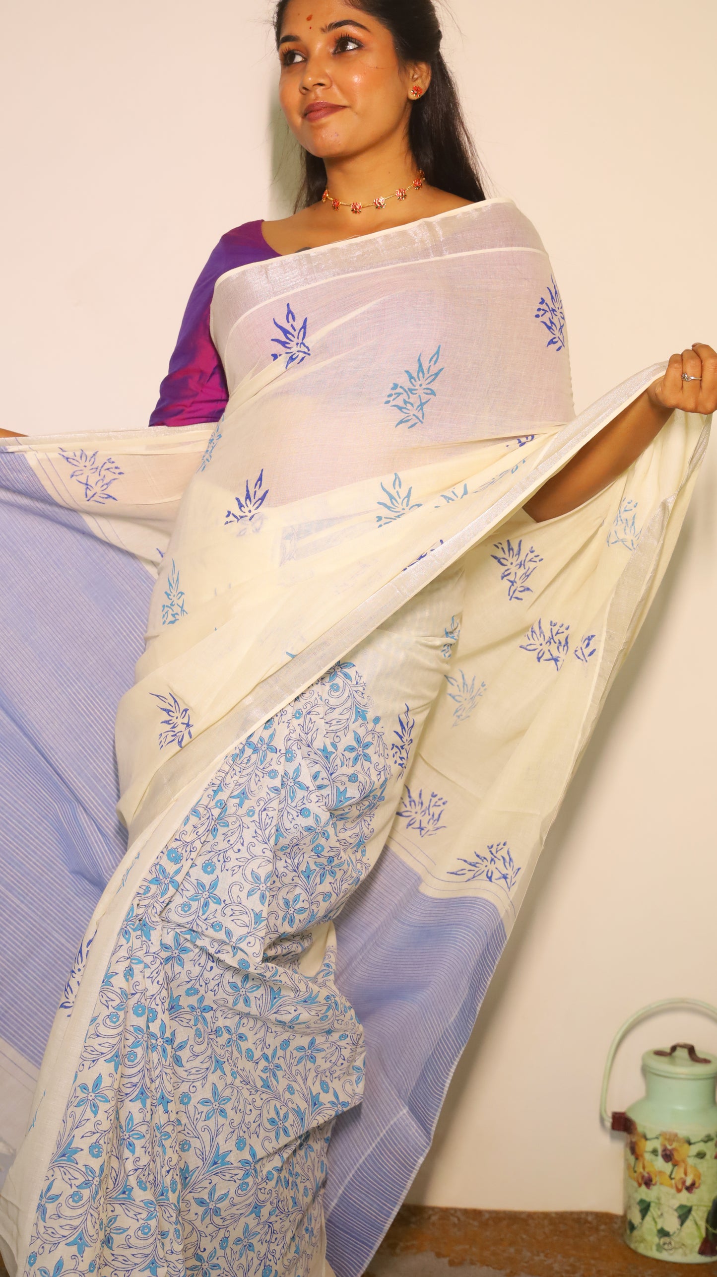 Artisanal handloom white cotton saree with butta block prints and stylish pallu with silver zari border - BOOMIKA