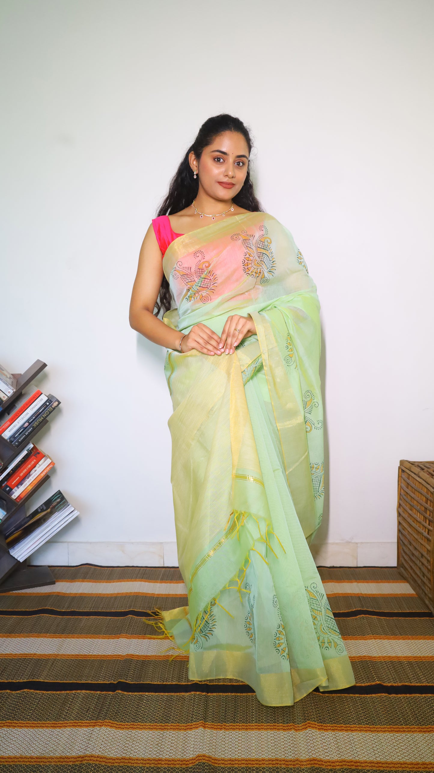 Elegant Mercerized Cotton Saree with intricate Block-Printed Border Motifs - BOOMIKA