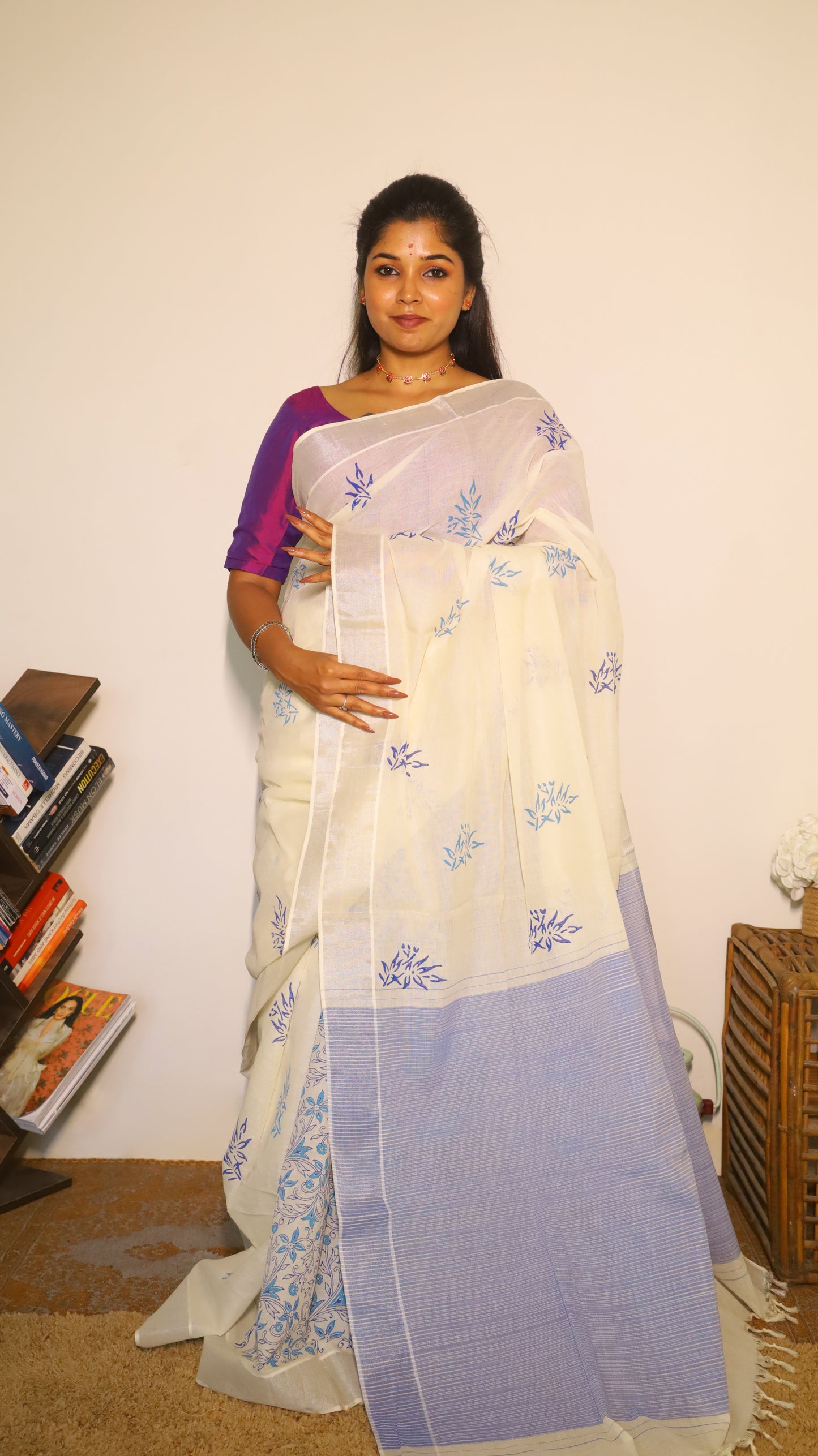 Artisanal handloom white cotton saree with butta block prints and stylish pallu with silver zari border - BOOMIKA