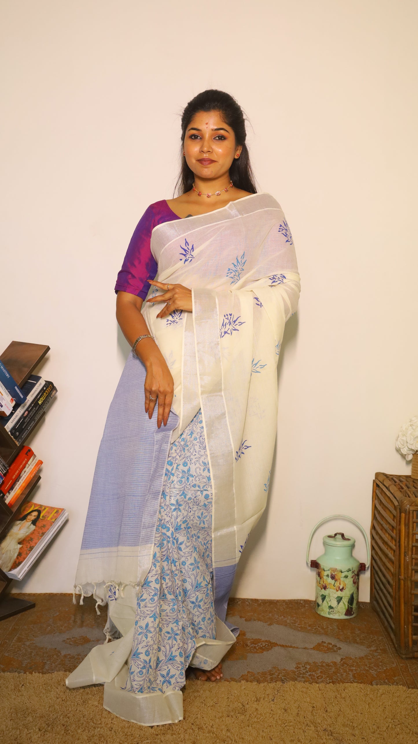 Artisanal handloom white cotton saree with butta block prints and stylish pallu with silver zari border - BOOMIKA