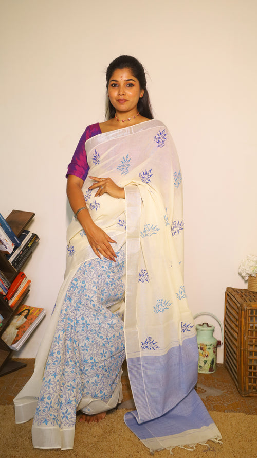 Artisanal handloom white cotton saree with butta block prints and stylish pallu with silver zari border - BOOMIKA