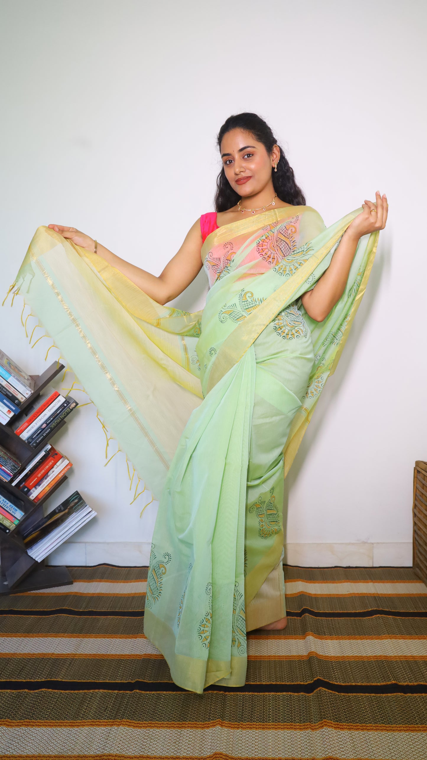 Elegant Mercerized Cotton Saree with intricate Block-Printed Border Motifs - BOOMIKA