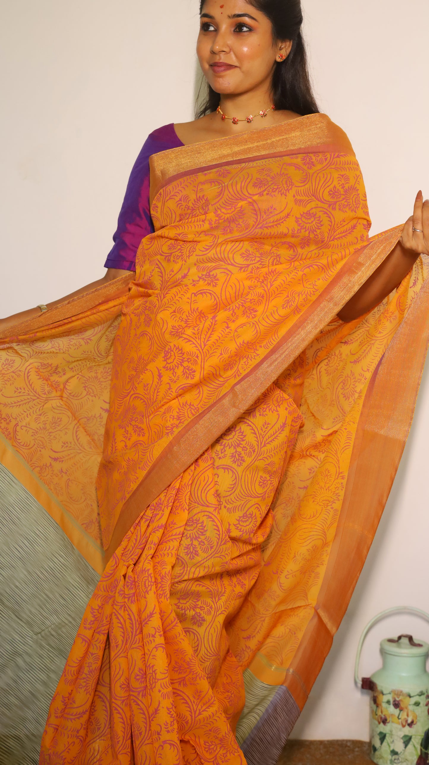Vibrant cotton saree with an all-over orange mix block print - BOOMIKA