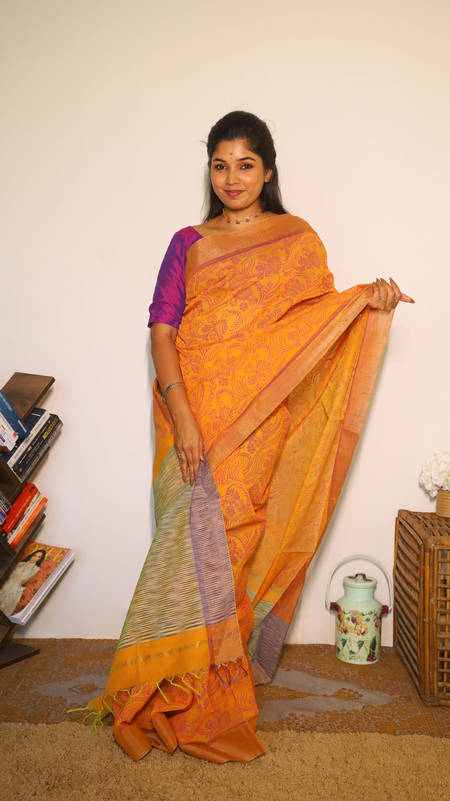Vibrant cotton saree with an all-over orange mix block print - BOOMIKA