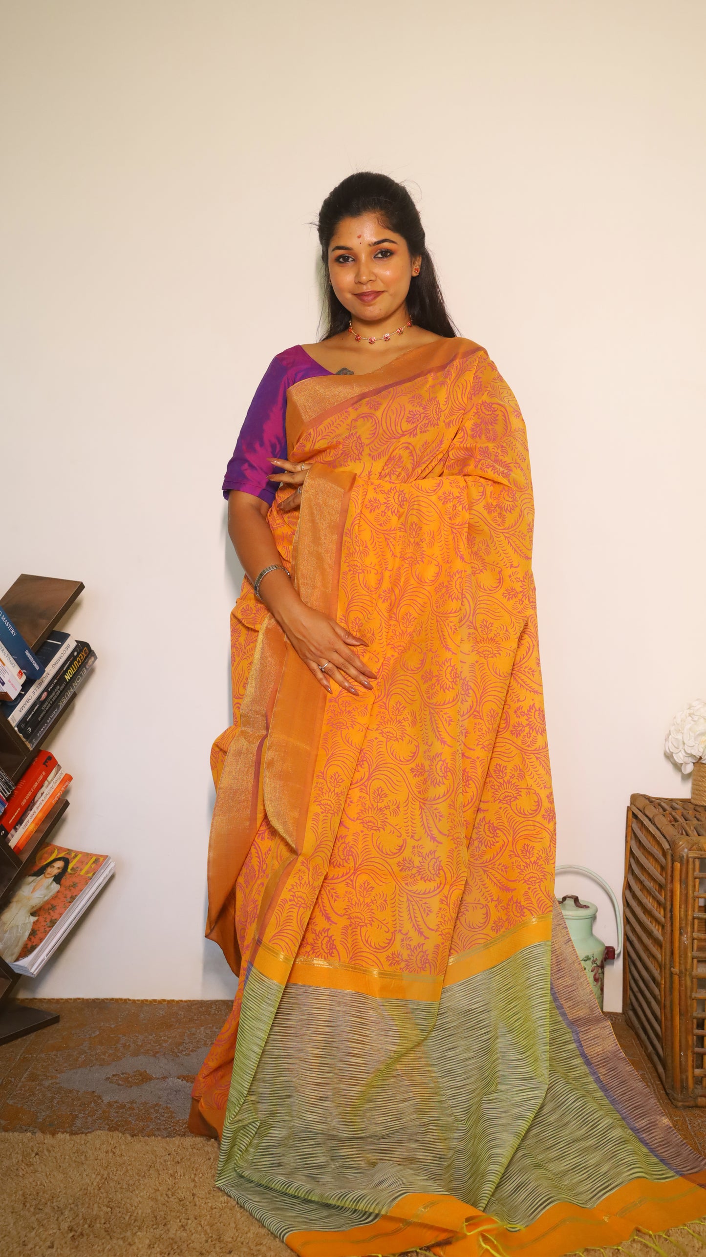 Vibrant cotton saree with an all-over orange mix block print - BOOMIKA