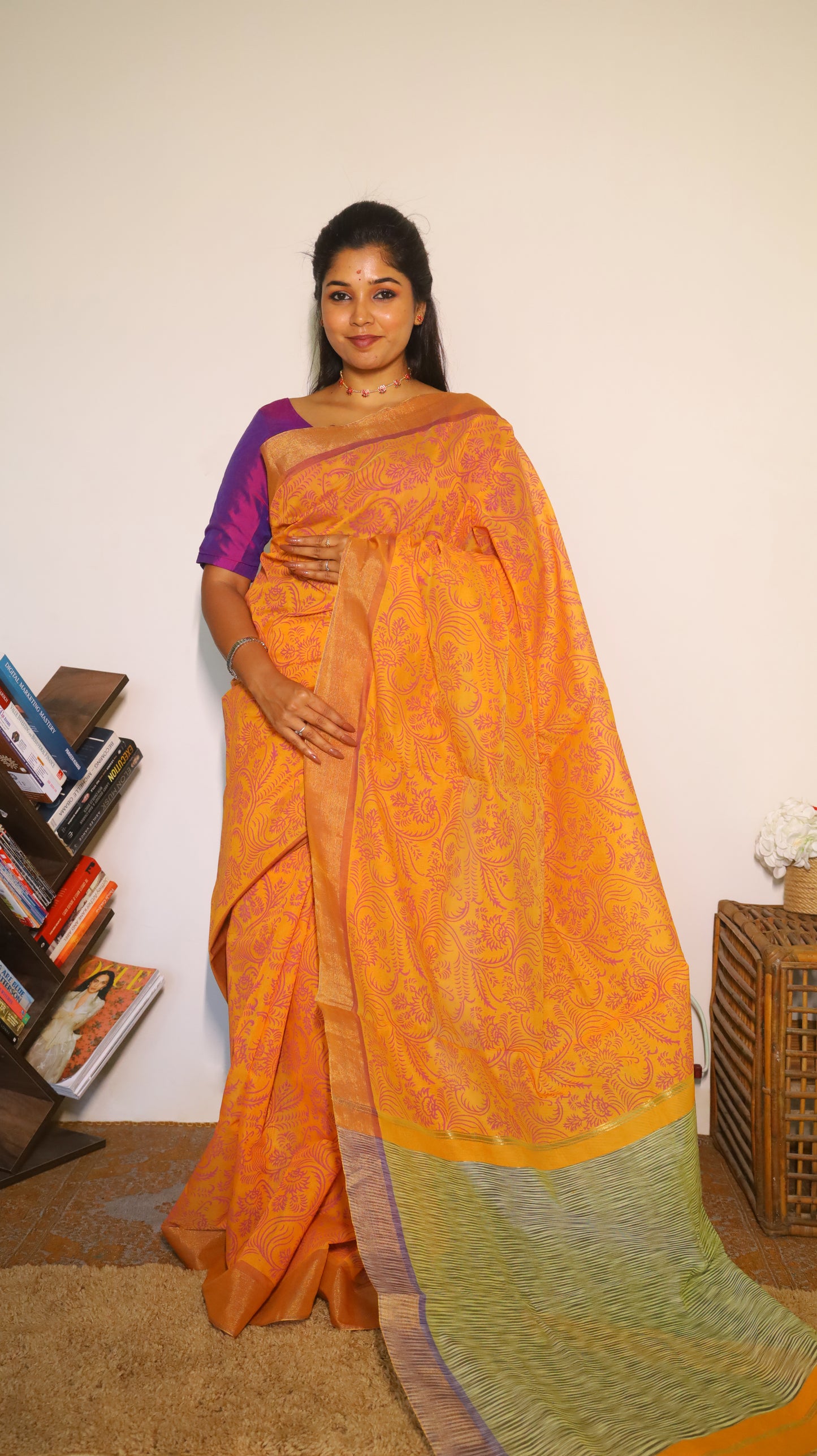 Vibrant cotton saree with an all-over orange mix block print - BOOMIKA