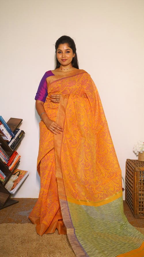 Vibrant cotton saree with an all-over orange mix block print - BOOMIKA