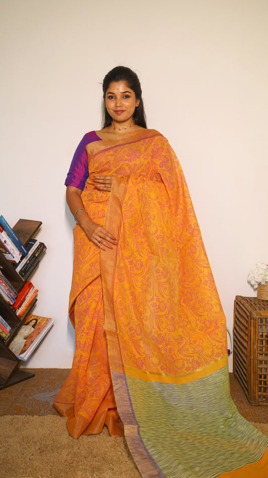 Vibrant cotton saree with an all-over orange mix block print - BOOMIKA